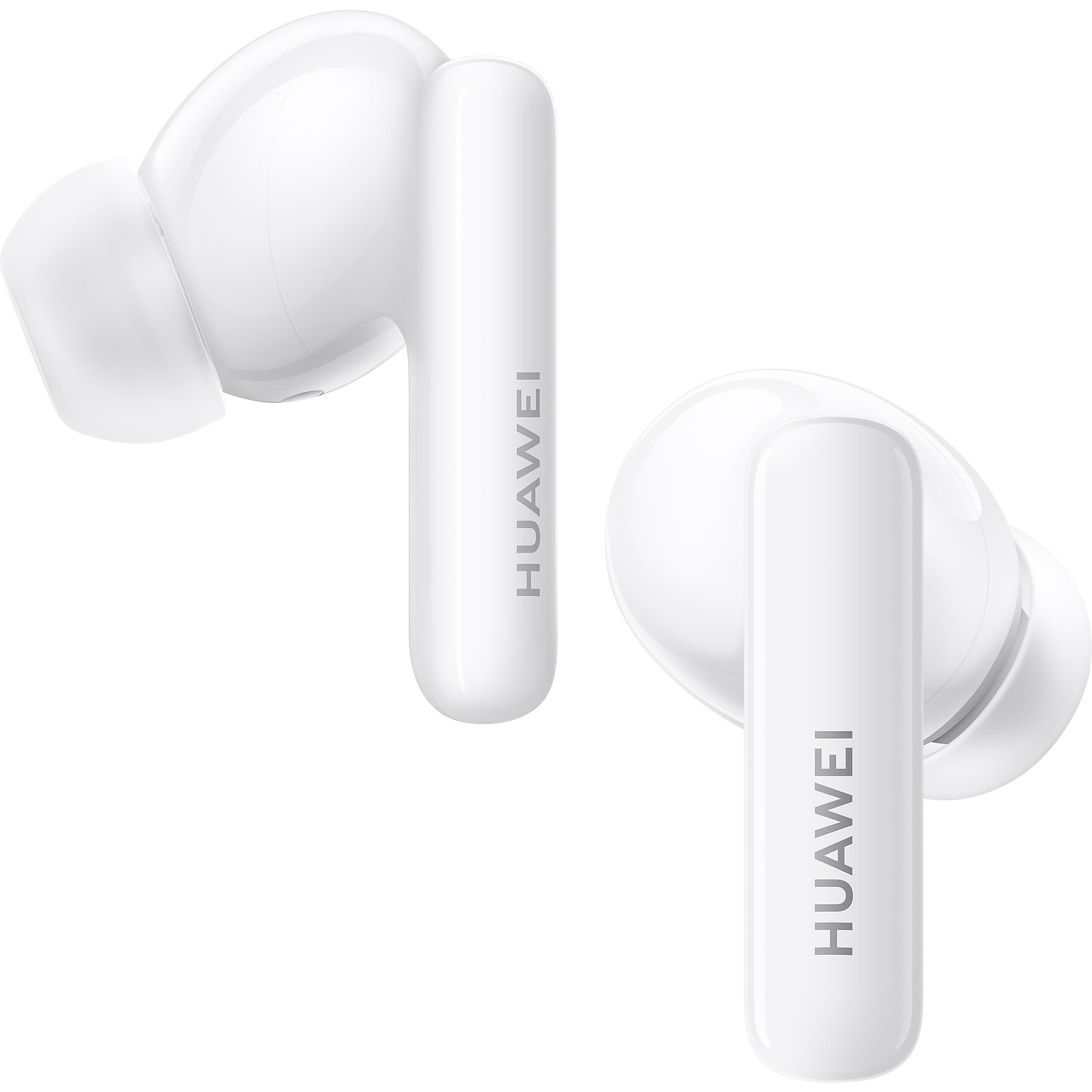 Due auricolari Huawei bianche su sfondo bianco. Ogni auricolare ha uno stelo con il logo Huawei.
