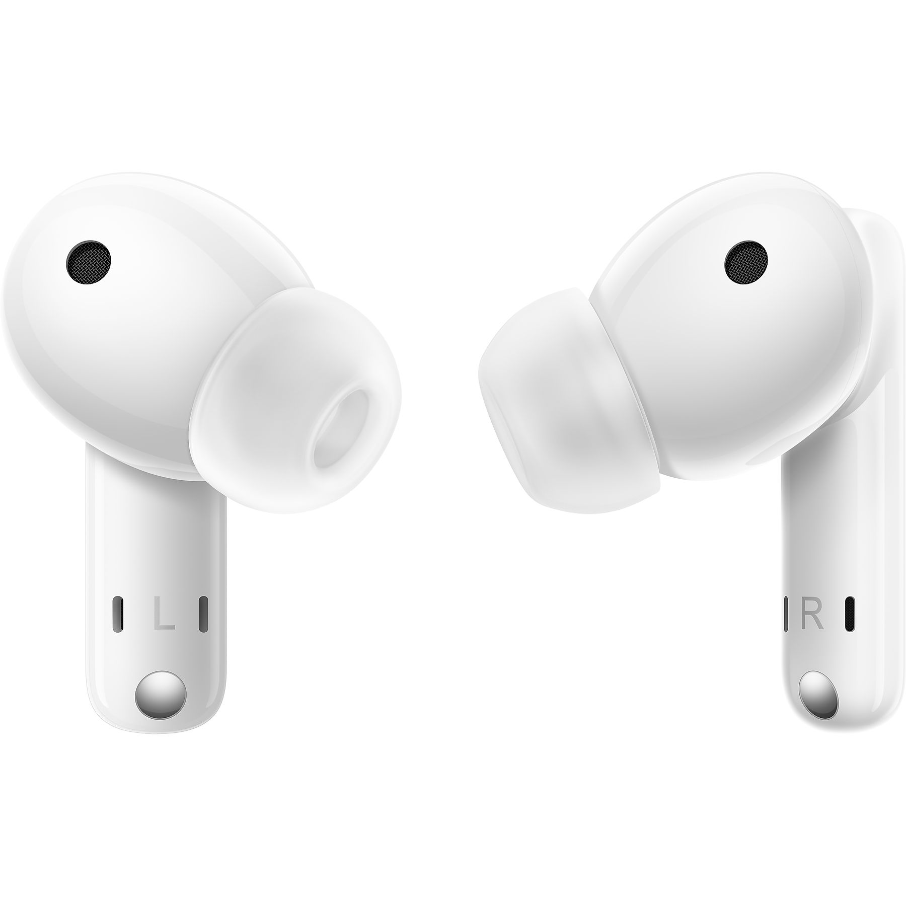 Due auricolari wireless bianchi, uno con 'L', l'altro 'R'. Entrambi hanno una rete nera per l'altoparlante e sono su sfondo bianco.