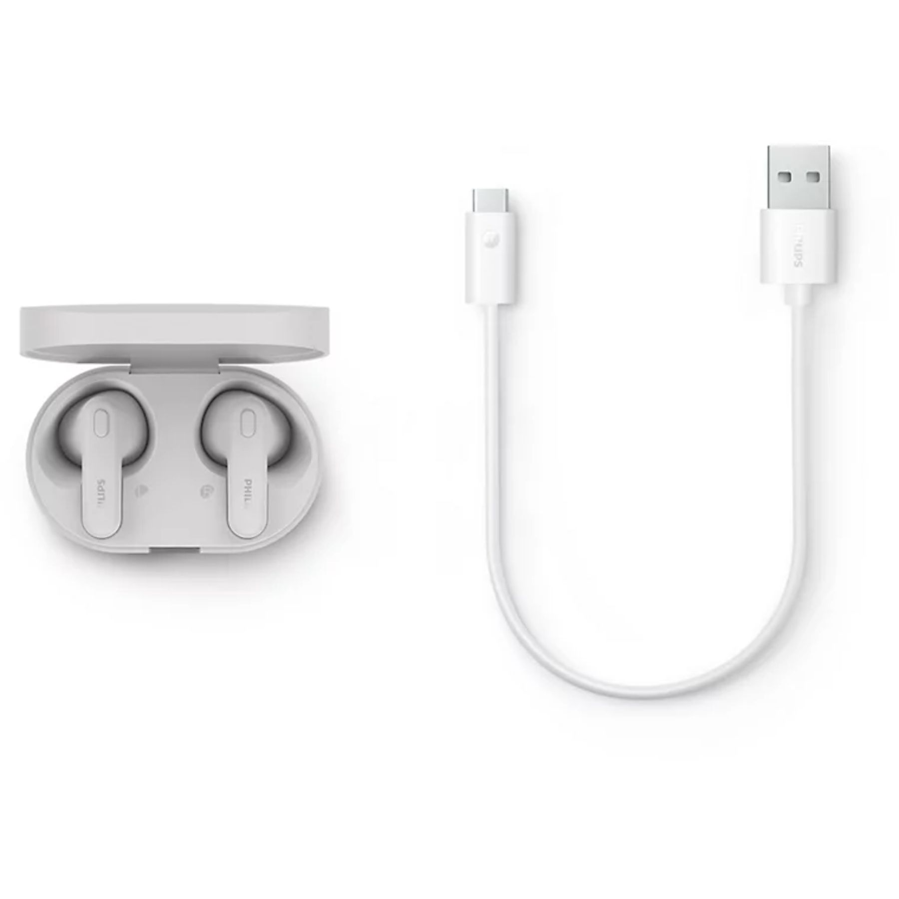 Beyaz kablosuz kulaklıklar bir kutuda, beyaz bir USB-C kablosu ve beyaz bir USB kablosu beyaz bir yüzeyde.