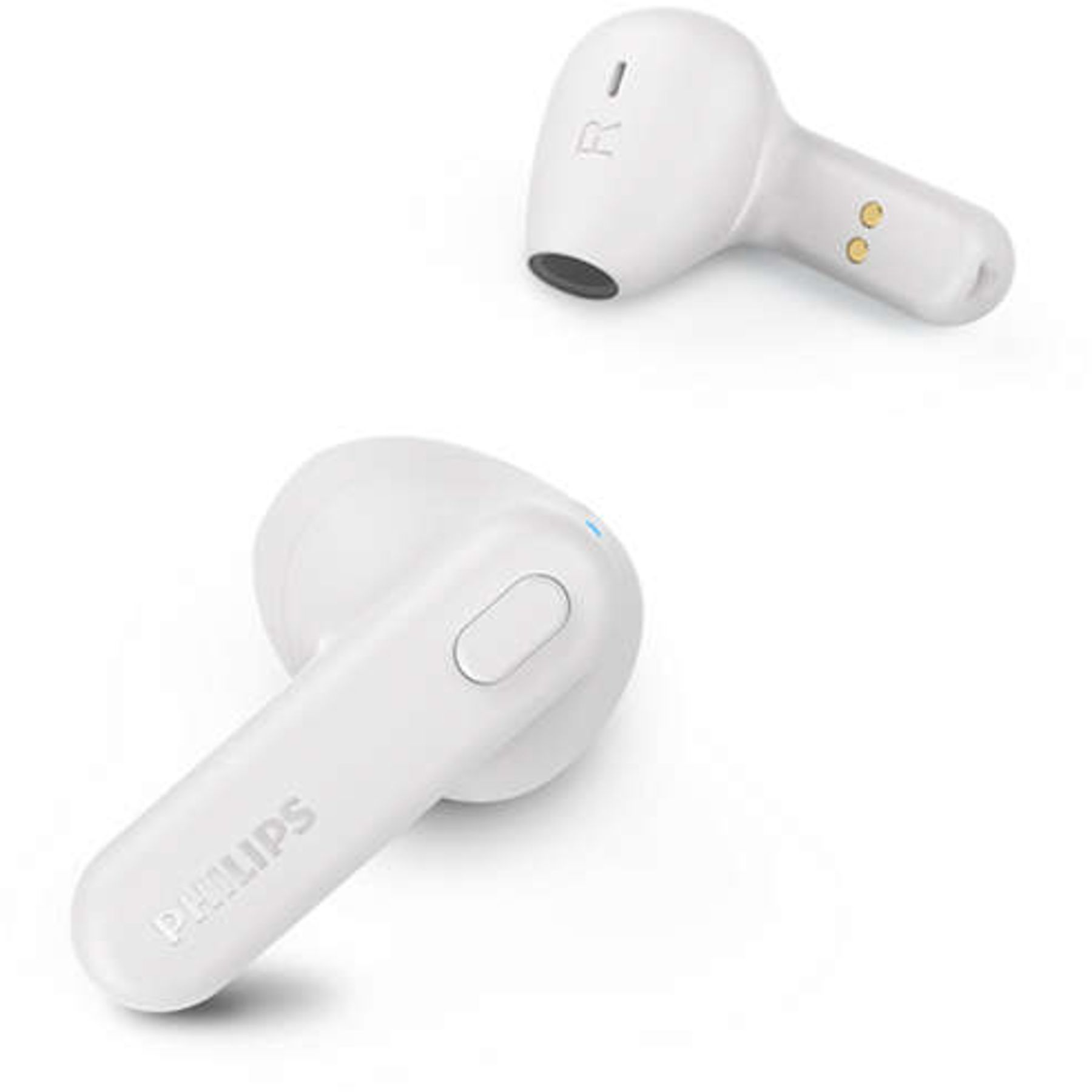 İki beyaz Philips kulaklık. Biri dik, diğeri açılı. Her ikisi de beyaz bir arka plan üzerinde.