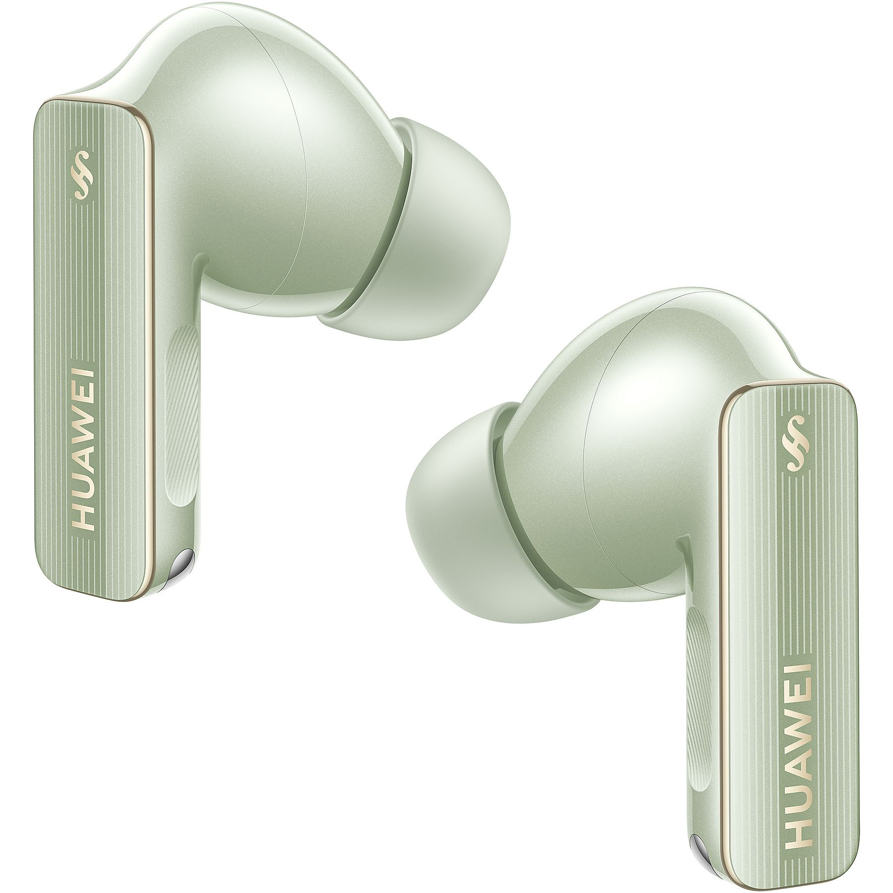 Dos auriculares Huawei verdes. Cada uno tiene un tallo con el nombre de la marca. Auriculares frente a un fondo blanco.