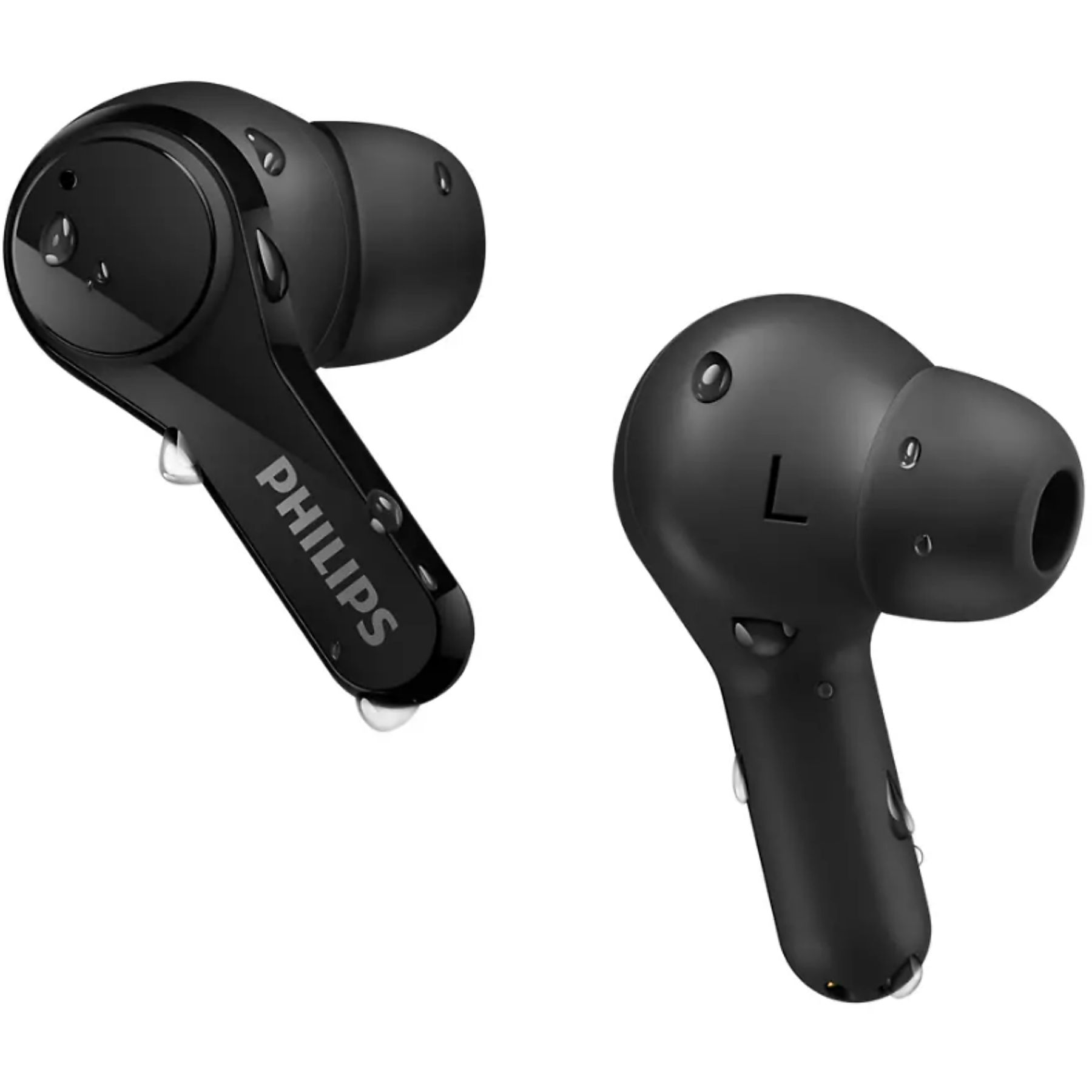 Zwei schwarze Philips-Ohrhörer mit Wassertropfen. Einer zeigt "PHILIPS", der andere hat ein "L".