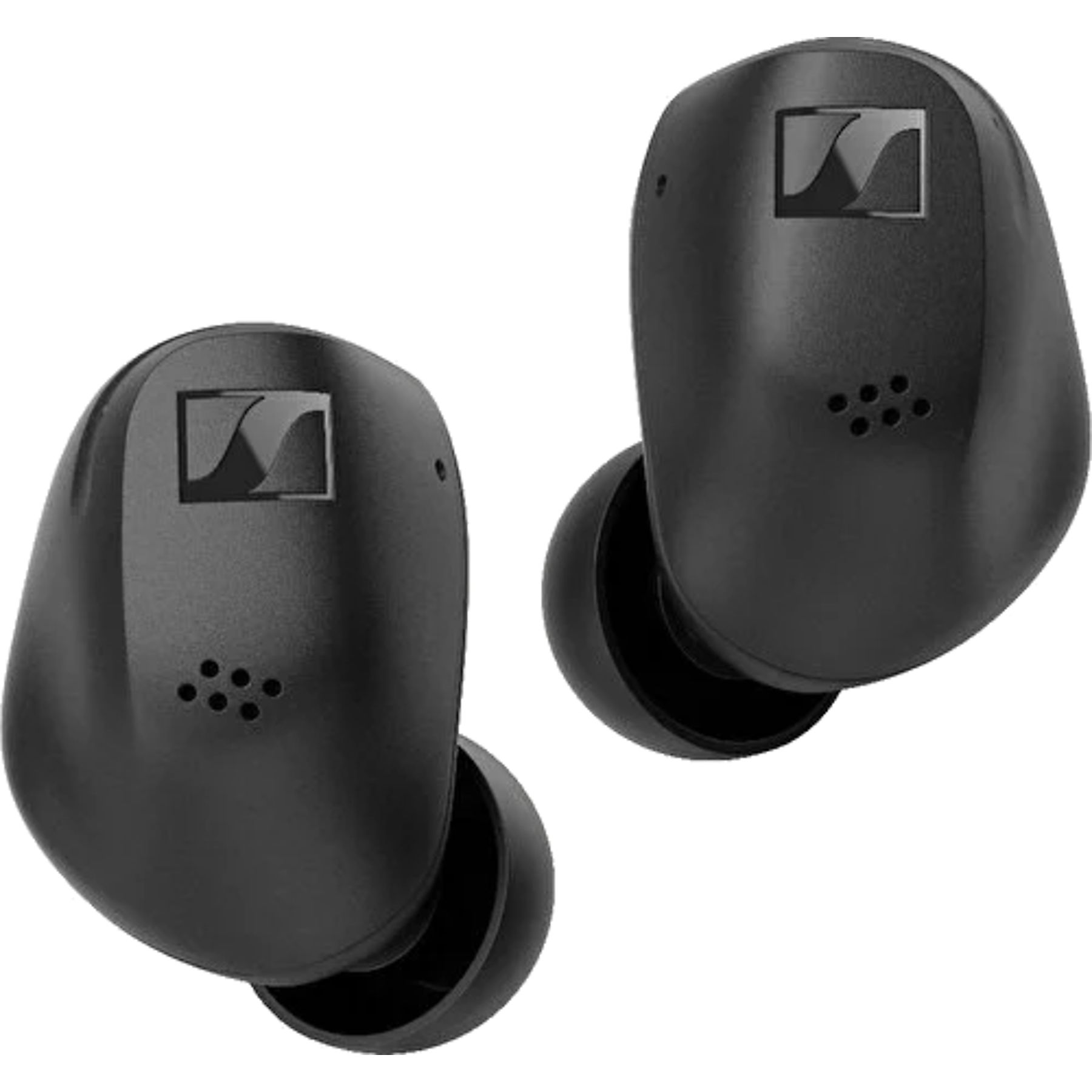 Dos auriculares inalámbricos negros con un logotipo en cada uno. Cada uno tiene un auricular redondo. El fondo es blanco.