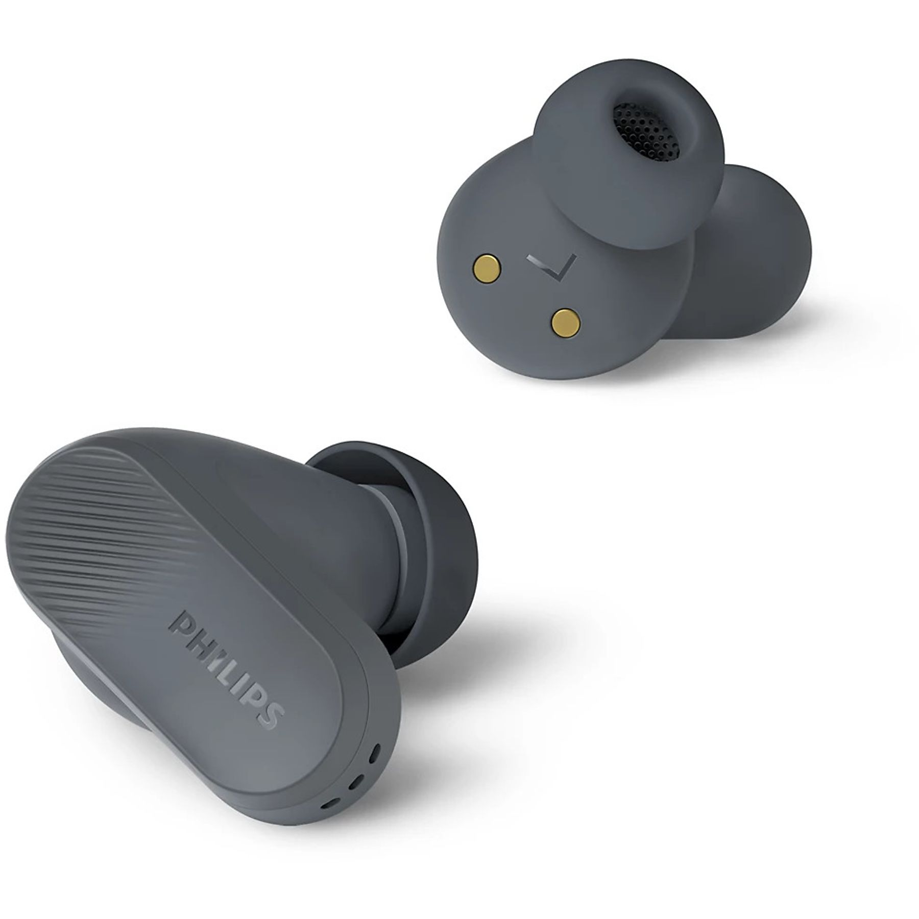 Dos auriculares Philips grises sobre fondo blanco. Un par está separado. Uno tiene el logo de Philips.