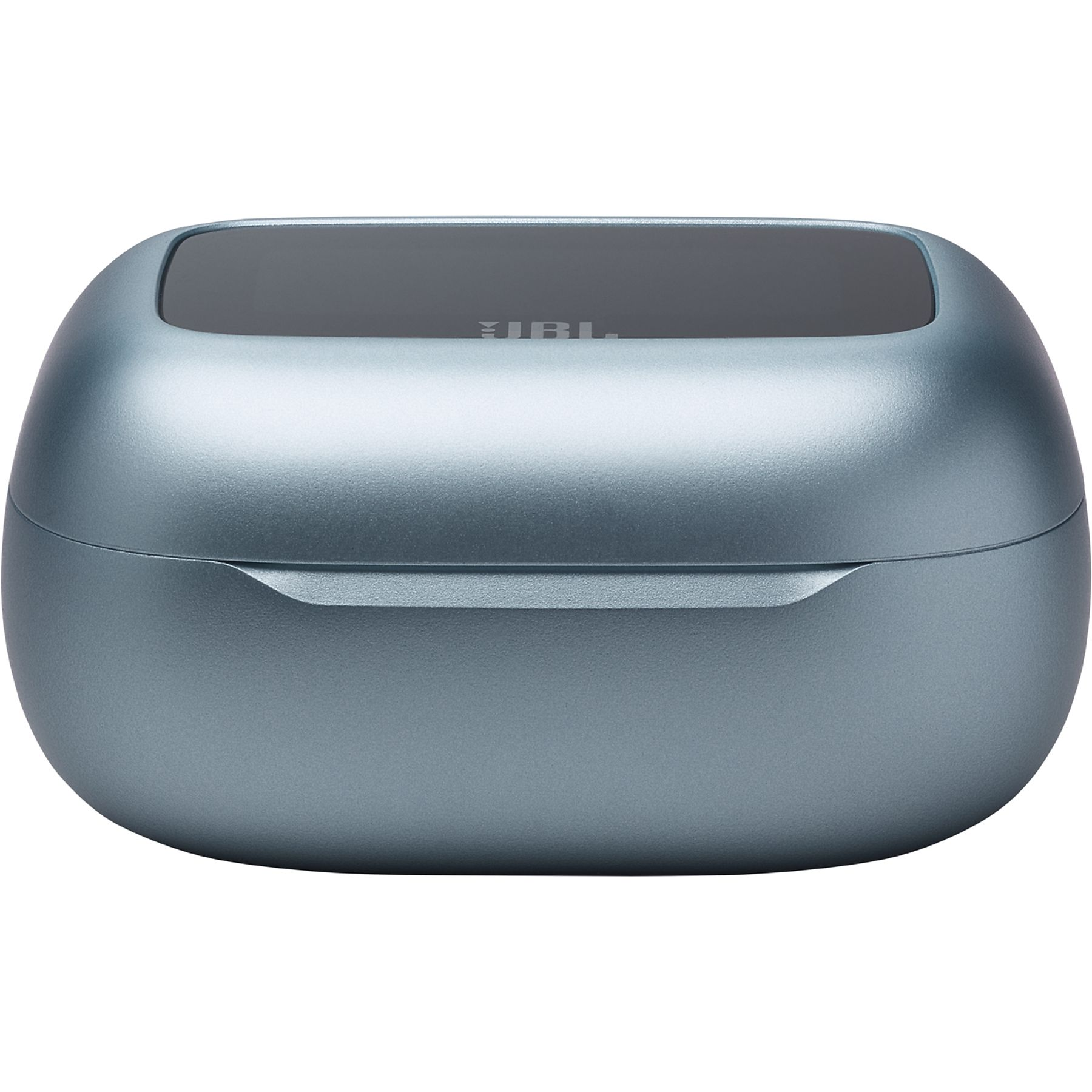 Teal, owalne etui na słuchawki z ciemnoszarym wierzchem. Widoczne logo JBL. Tło jest białe.