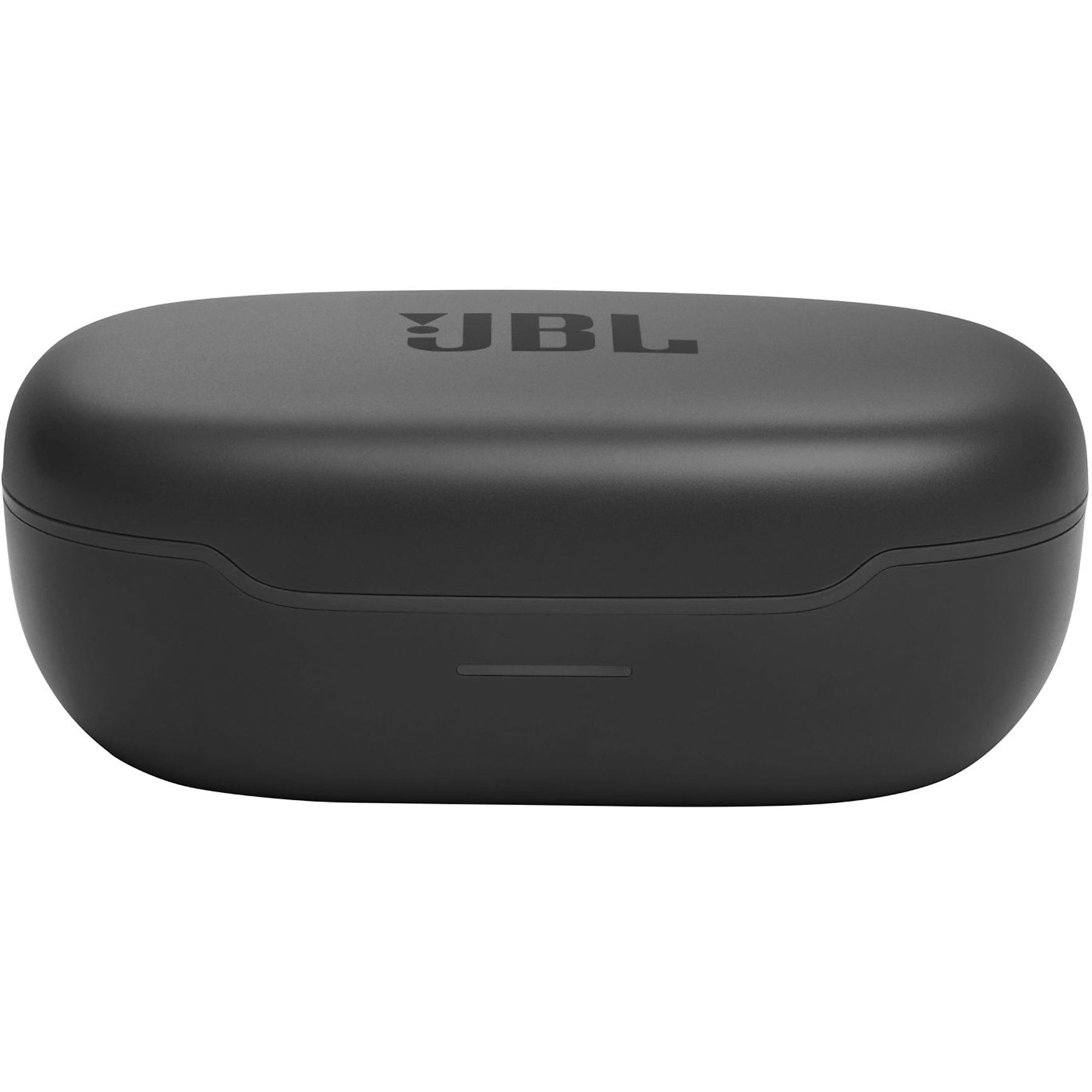 Custodia di ricarica per auricolari JBL nera su sfondo bianco, con logo JBL. Design curvo. Chiuso.
