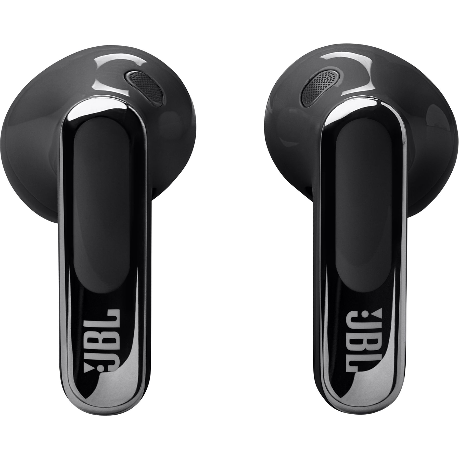 Zwei schwarze JBL-Ohrhörer mit silbernem Akzent. Jeder Ohrhörer hat das JBL-Logo.