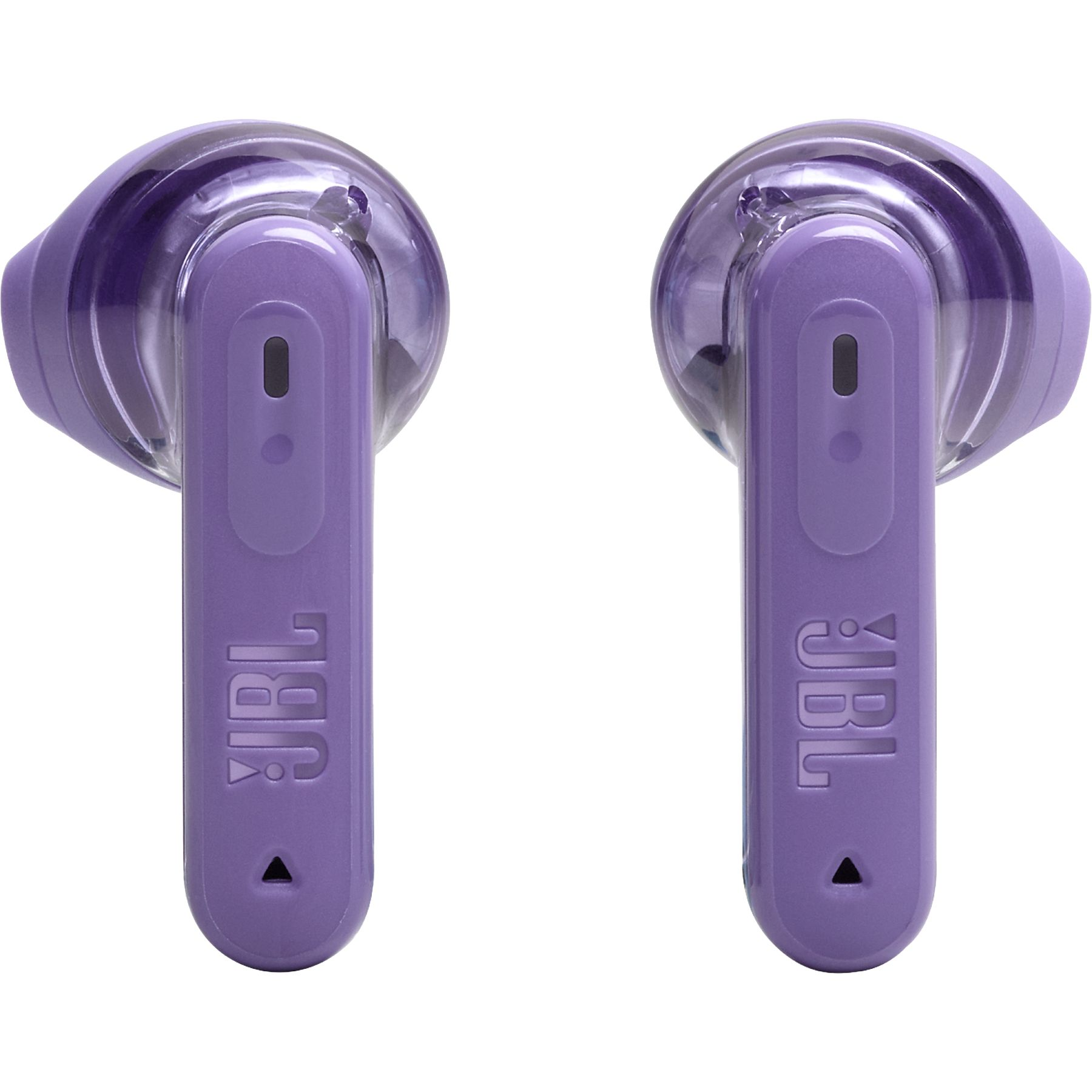 Due auricolari JBL viola su sfondo bianco. Ogni auricolare presenta il logo JBL.