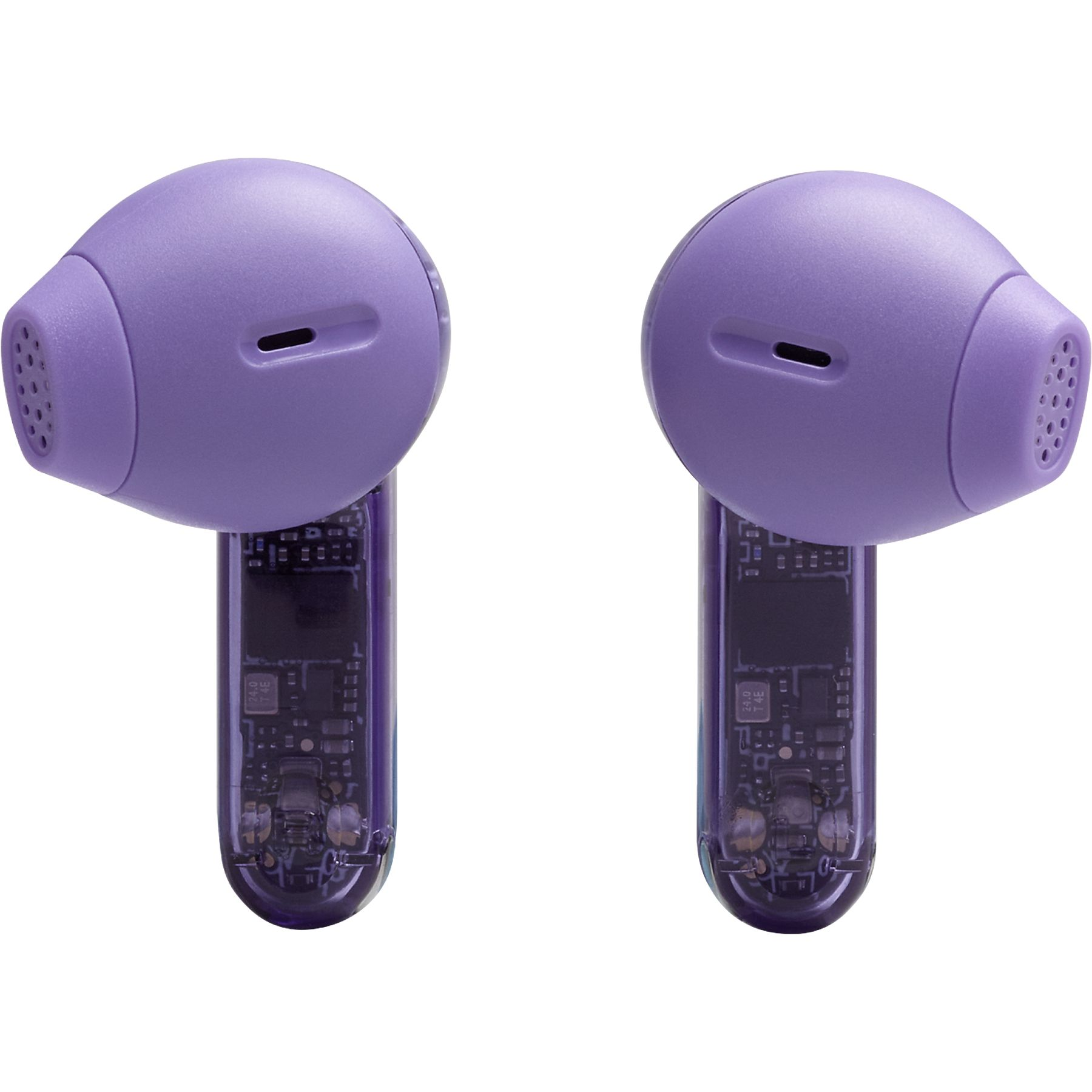 Due auricolari wireless viola, ciascuno con una parte superiore arrotondata e uno stelo trasparente che rivela i componenti interni.