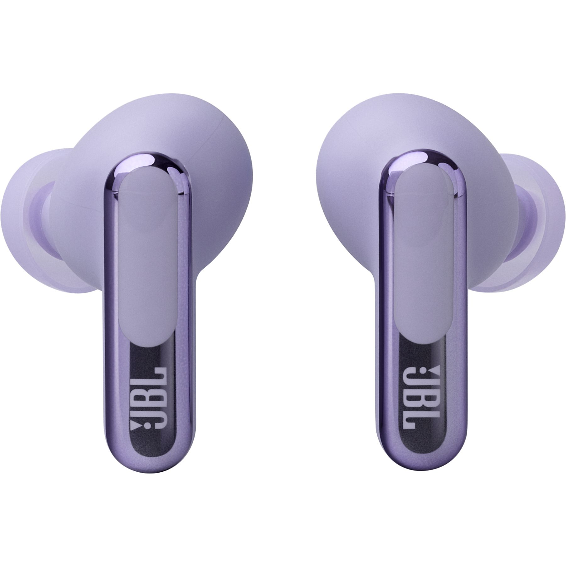 Due auricolari JBL lavanda su sfondo bianco. Ognuno ha un accento argentato e il logo JBL.