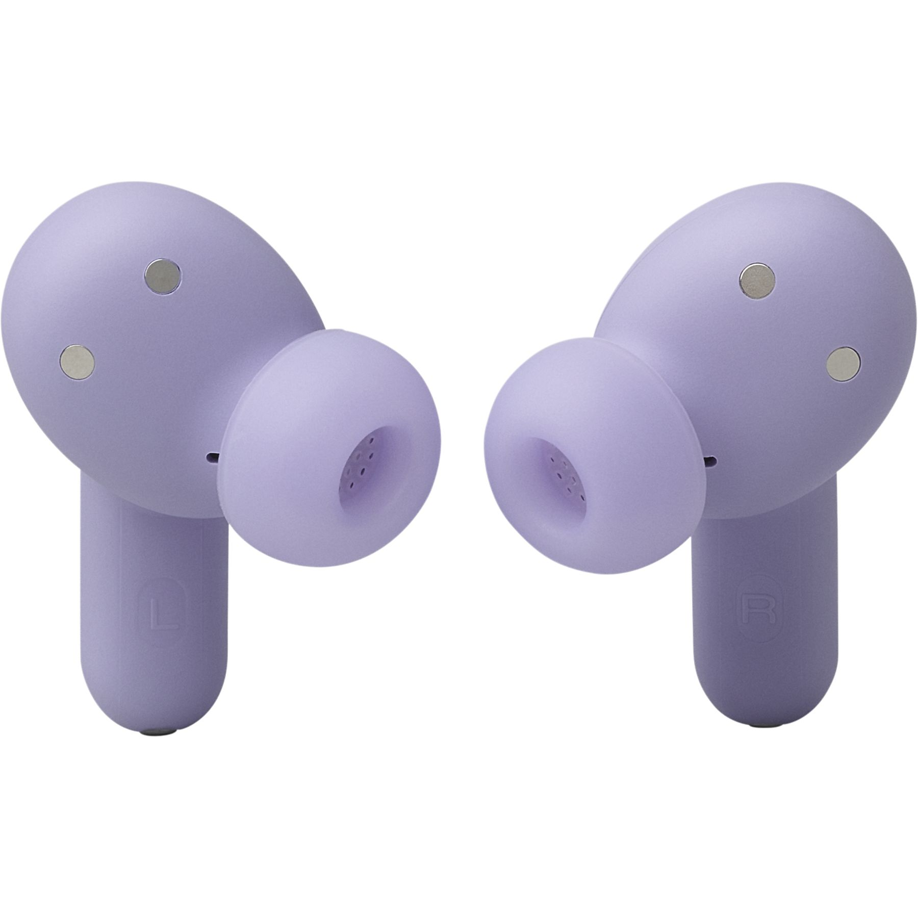 Due auricolari wireless color lavanda, isolati su sfondo bianco. Ognuno ha un bocciolo arrotondato e uno stelo con 'L' e 'R'.