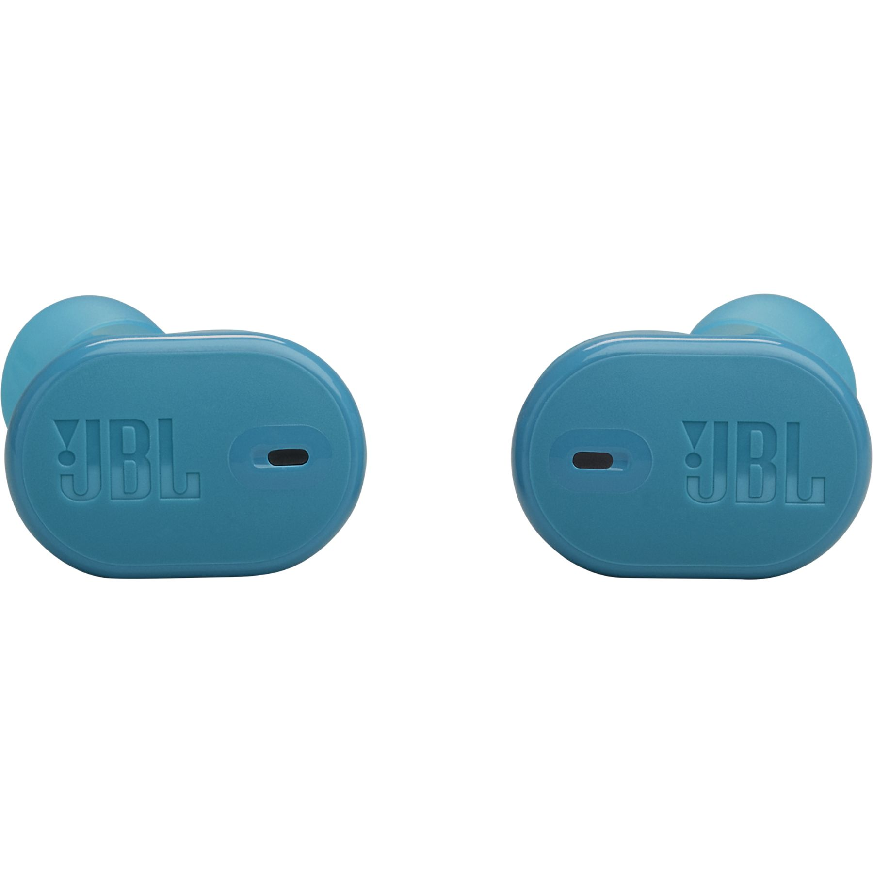 Due auricolari JBL blu su sfondo bianco. Ognuno ha il logo JBL.