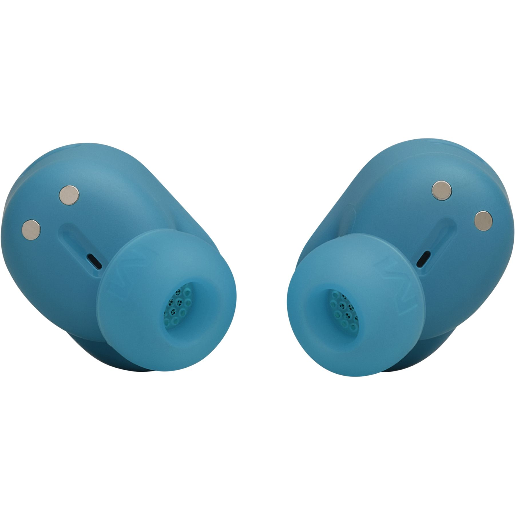 Due auricolari wireless blu su sfondo bianco. Ognuno ha un corpo arrotondato e un puntale in silicone con griglia.