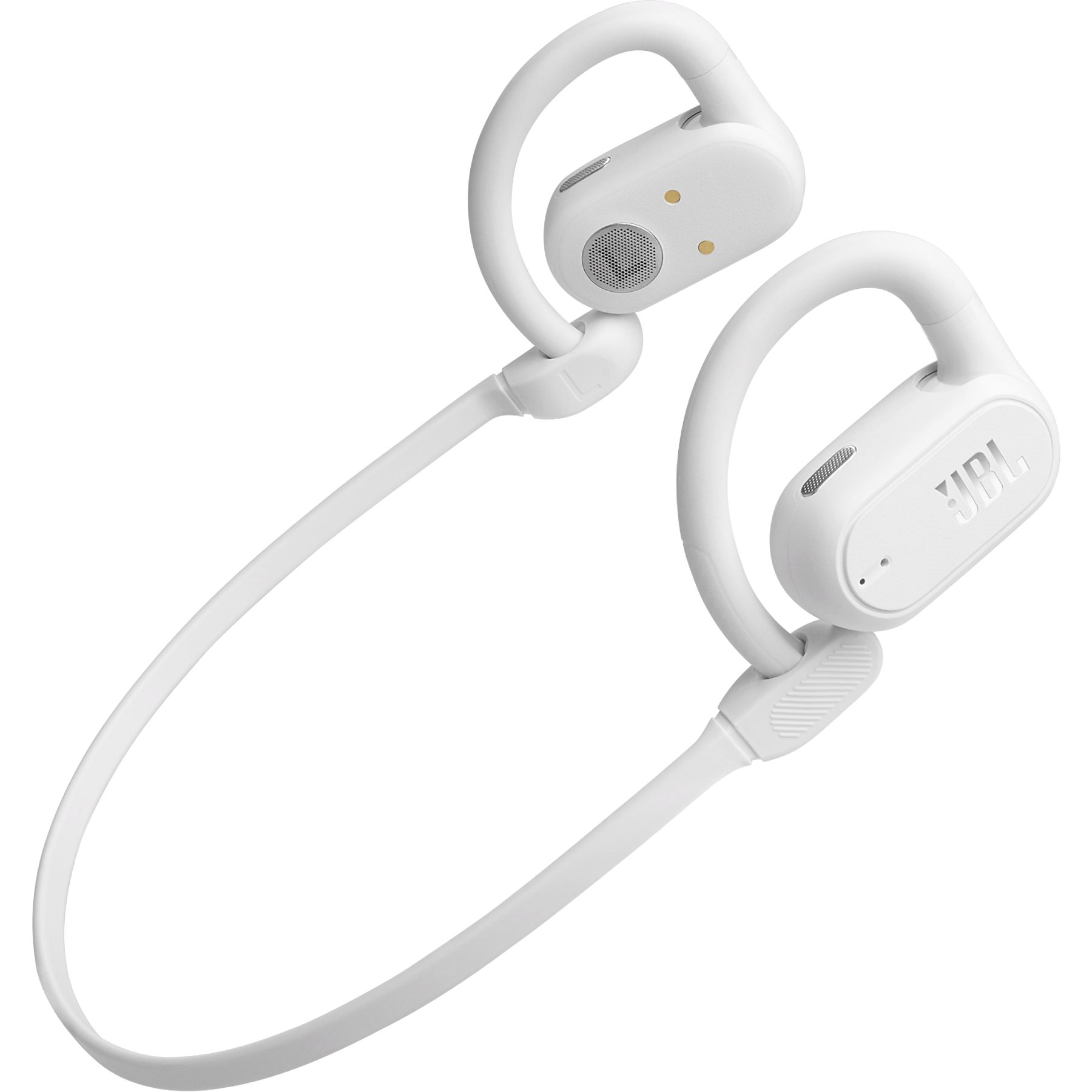 Auriculares inalámbricos JBL blancos. Los auriculares tienen un diseño de gancho para la oreja y están conectados por una banda.