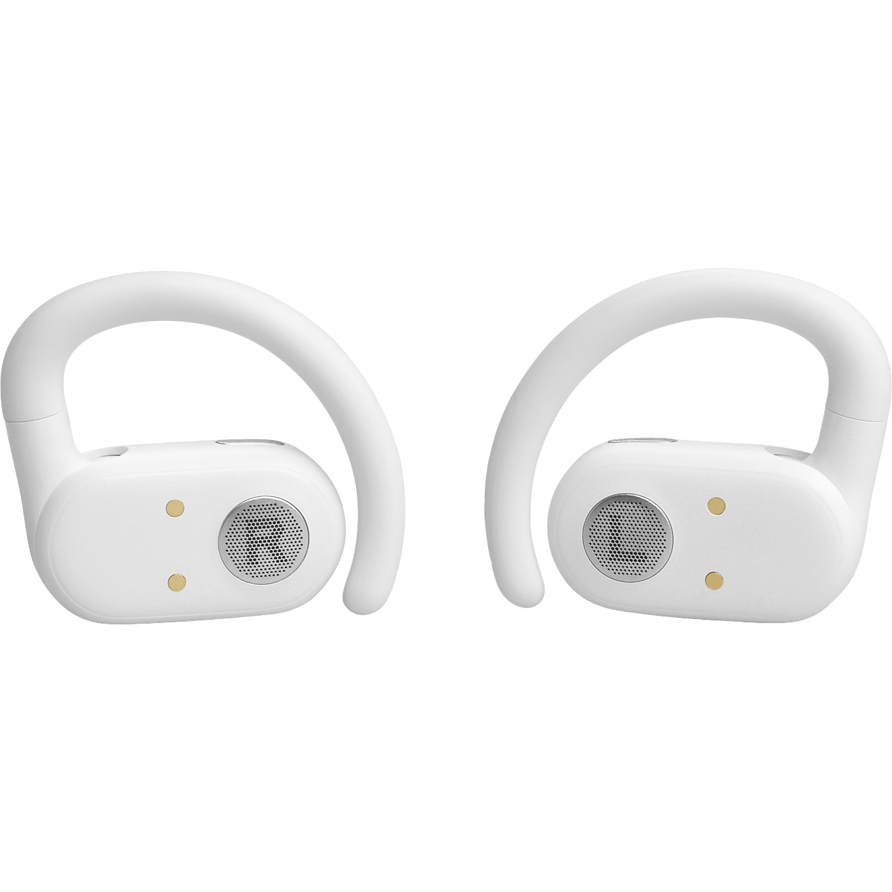 Dos auriculares inalámbricos blancos con ganchos para las orejas, sobre un fondo blanco. Cada uno tiene un altavoz y dos puntos dorados.