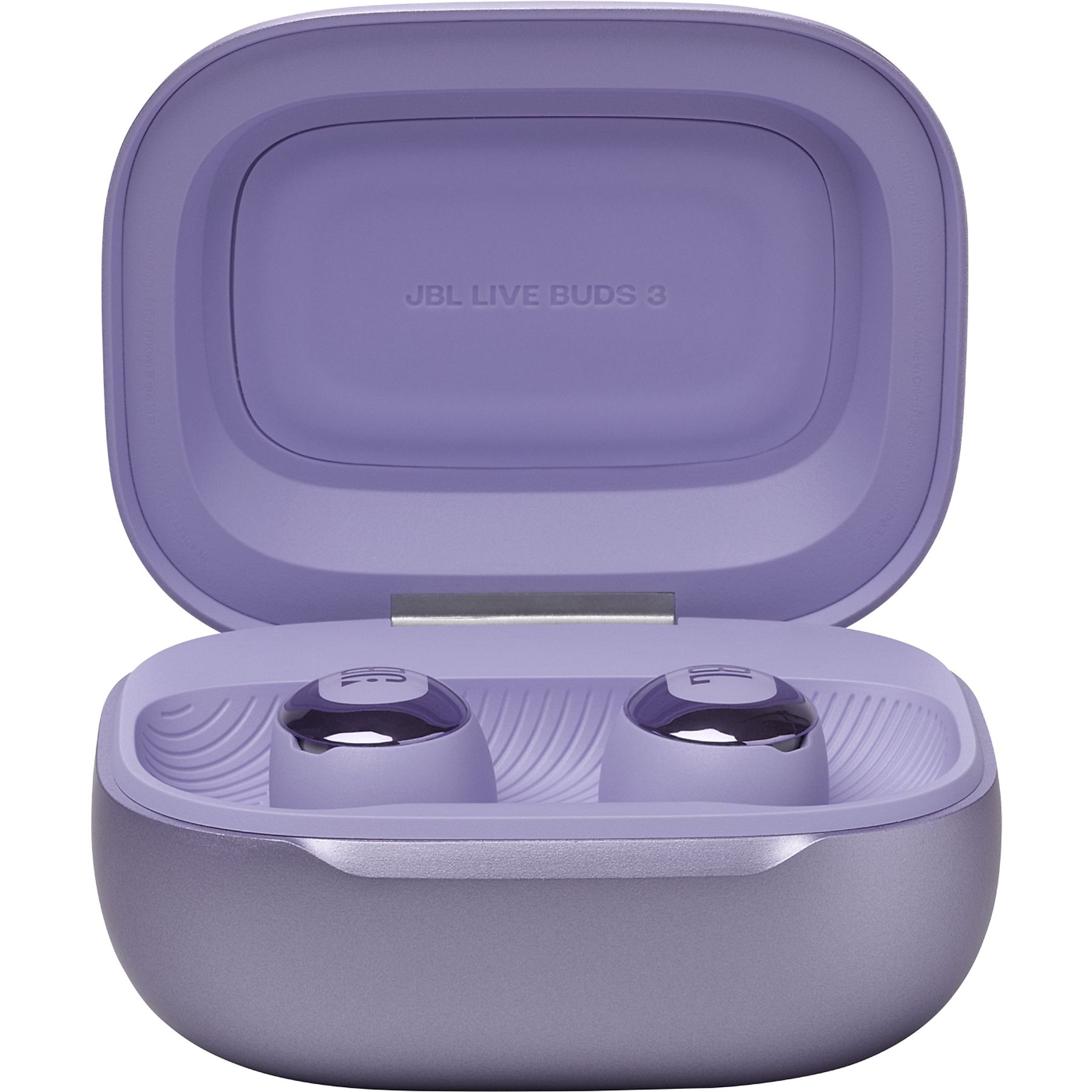 Violette JBL Live Buds 3. Offene Hülle mit zwei Ohrhörern. Hülle und Ohrhörer sind hellviolett mit Metallic-Finish.