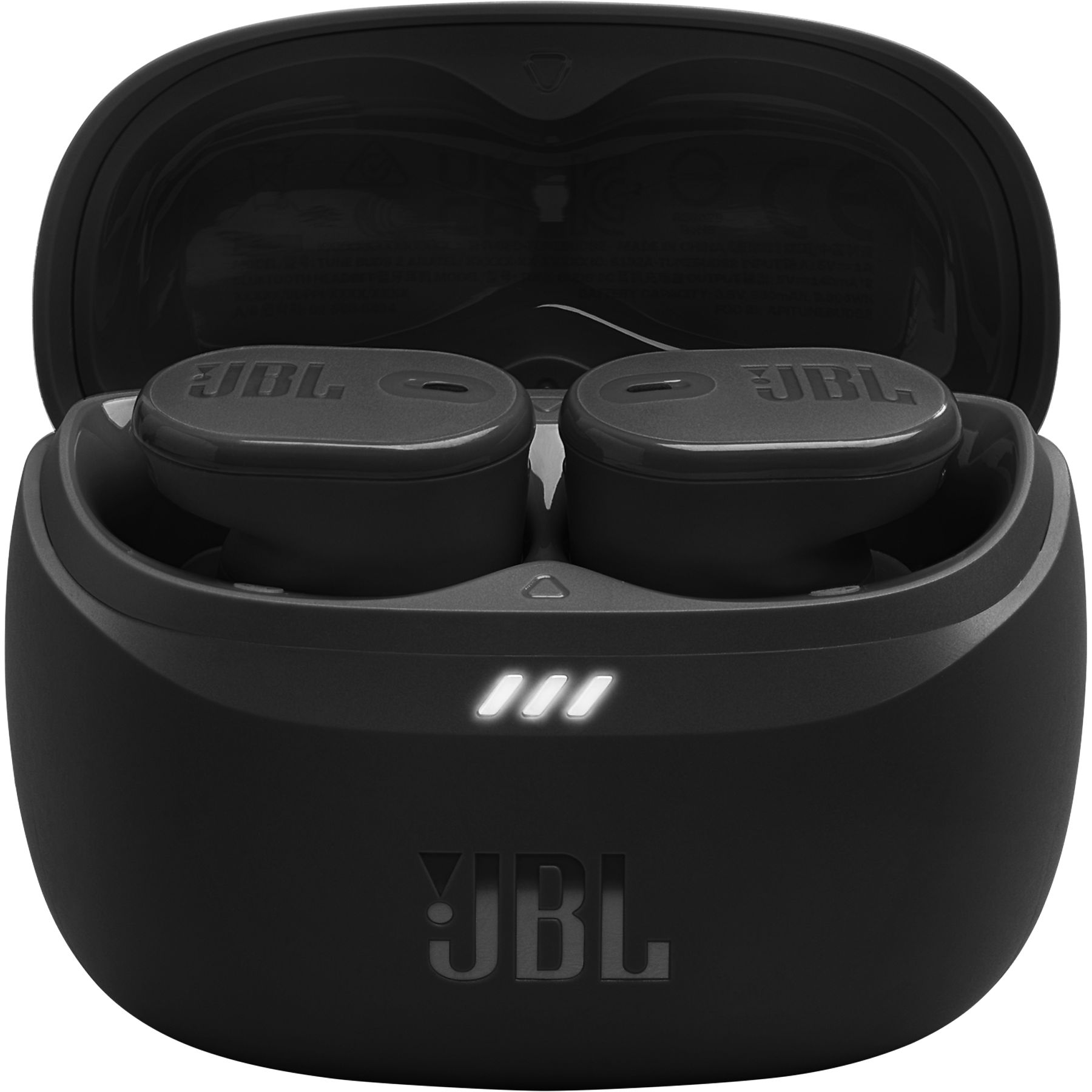 Auricolari JBL neri in una custodia di ricarica. La custodia è aperta, mostrando gli auricolari e un indicatore di batteria.