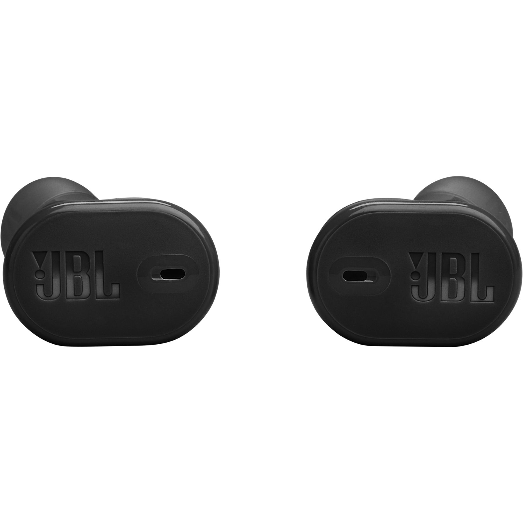 Due auricolari JBL neri su sfondo bianco. Ognuno ha 'JBL' e un foro ovale. Lo sfondo è bianco.