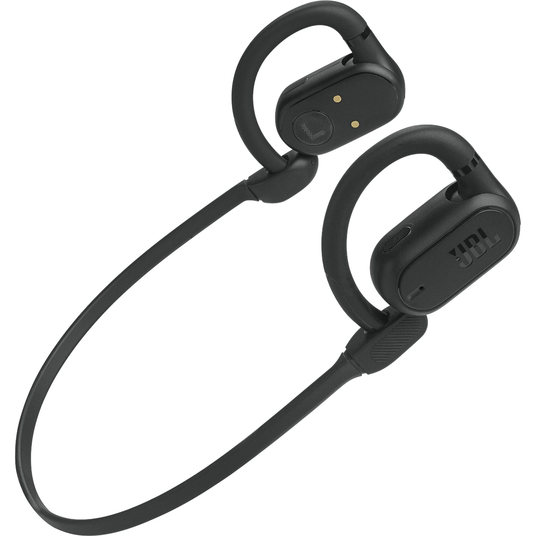 Schwarze kabellose JBL-Kopfhörer. Jedes Teil hat eine Ohrschlaufe und ein Modul mit JBL-Logo und Tasten.