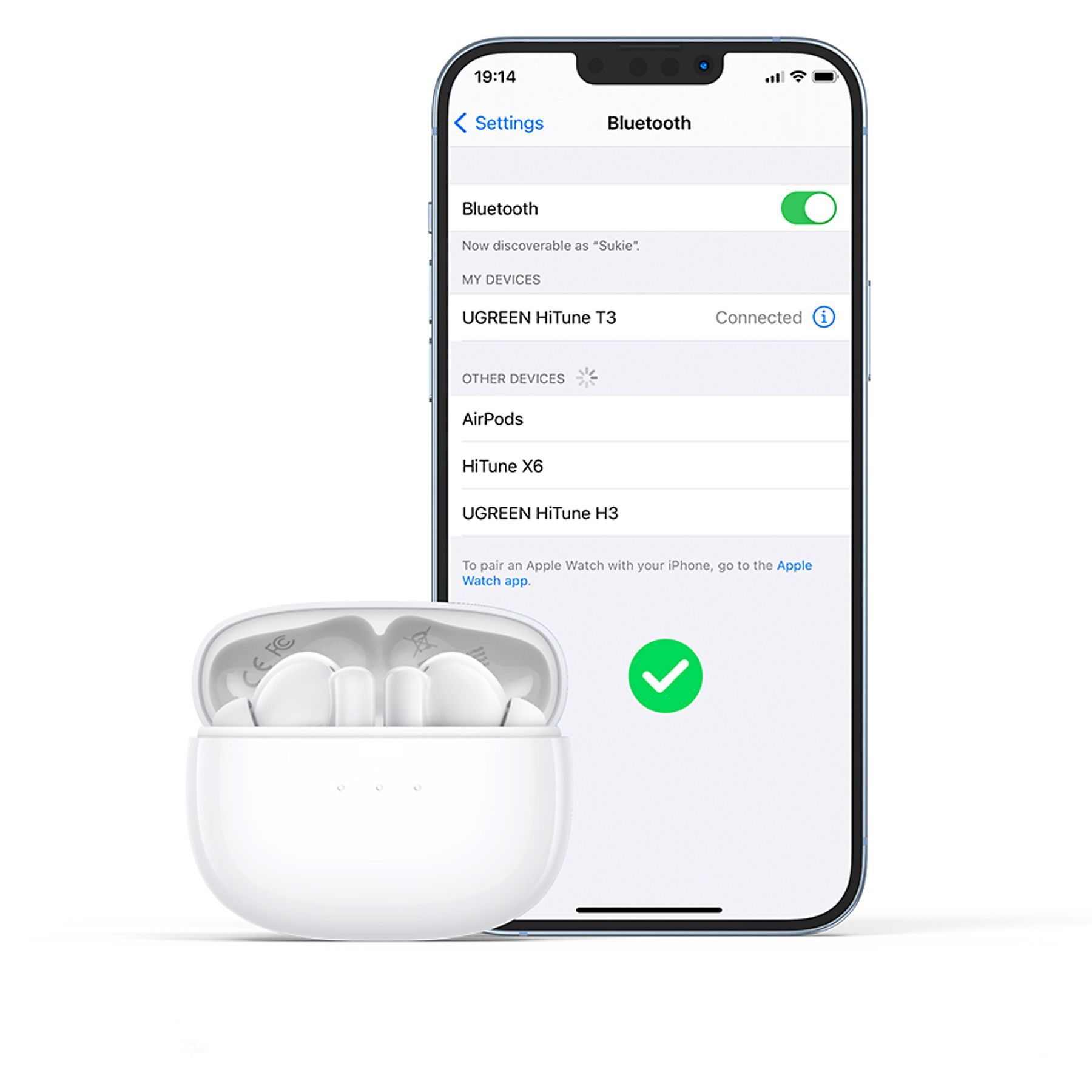 iPhone wyświetla ustawienia Bluetooth, połączony z UGREEN HiTune T3. Białe słuchawki na pierwszym planie.