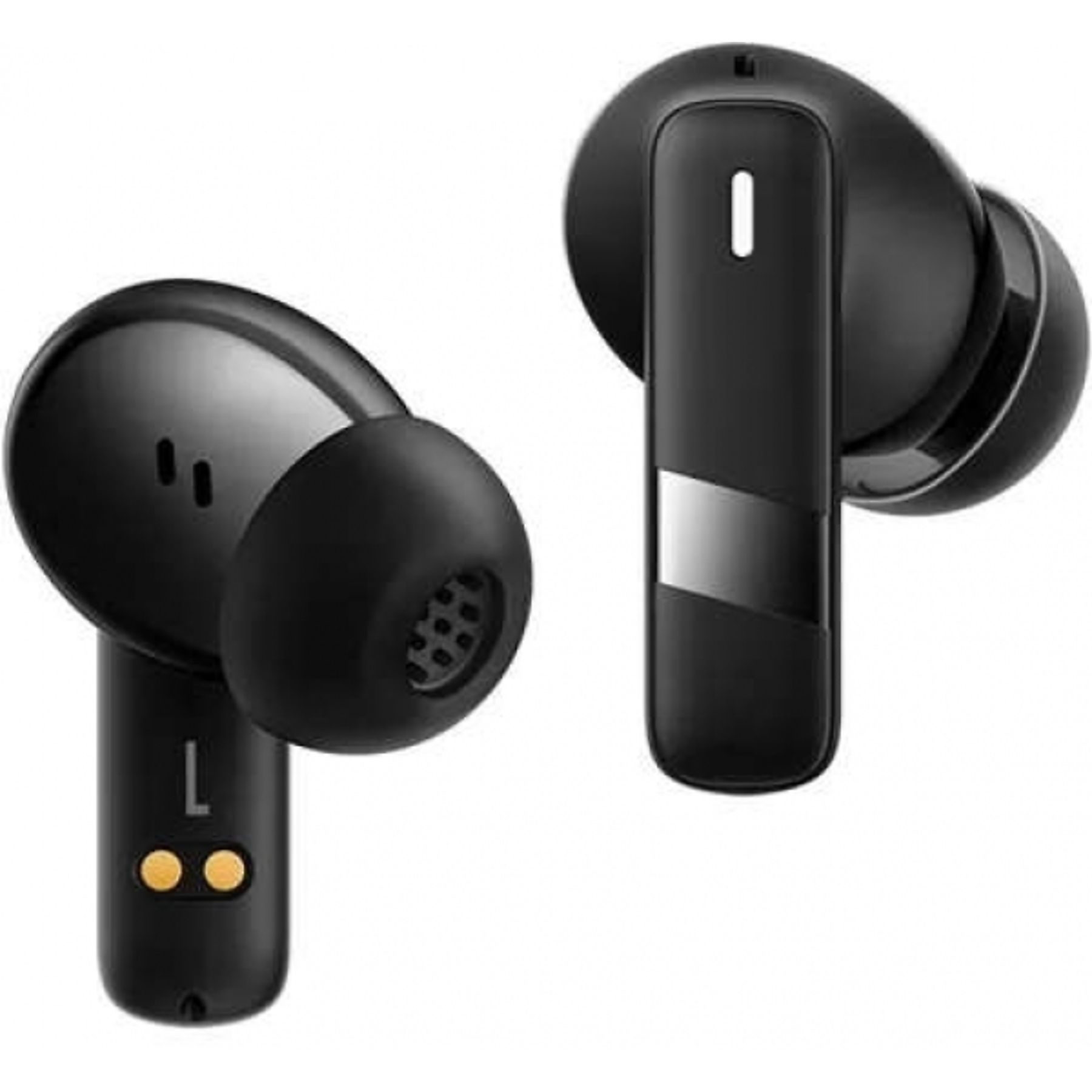 Dwa czarne bezprzewodowe słuchawki. Jeden ma literę L na trzonie, drugi srebrny akcent.