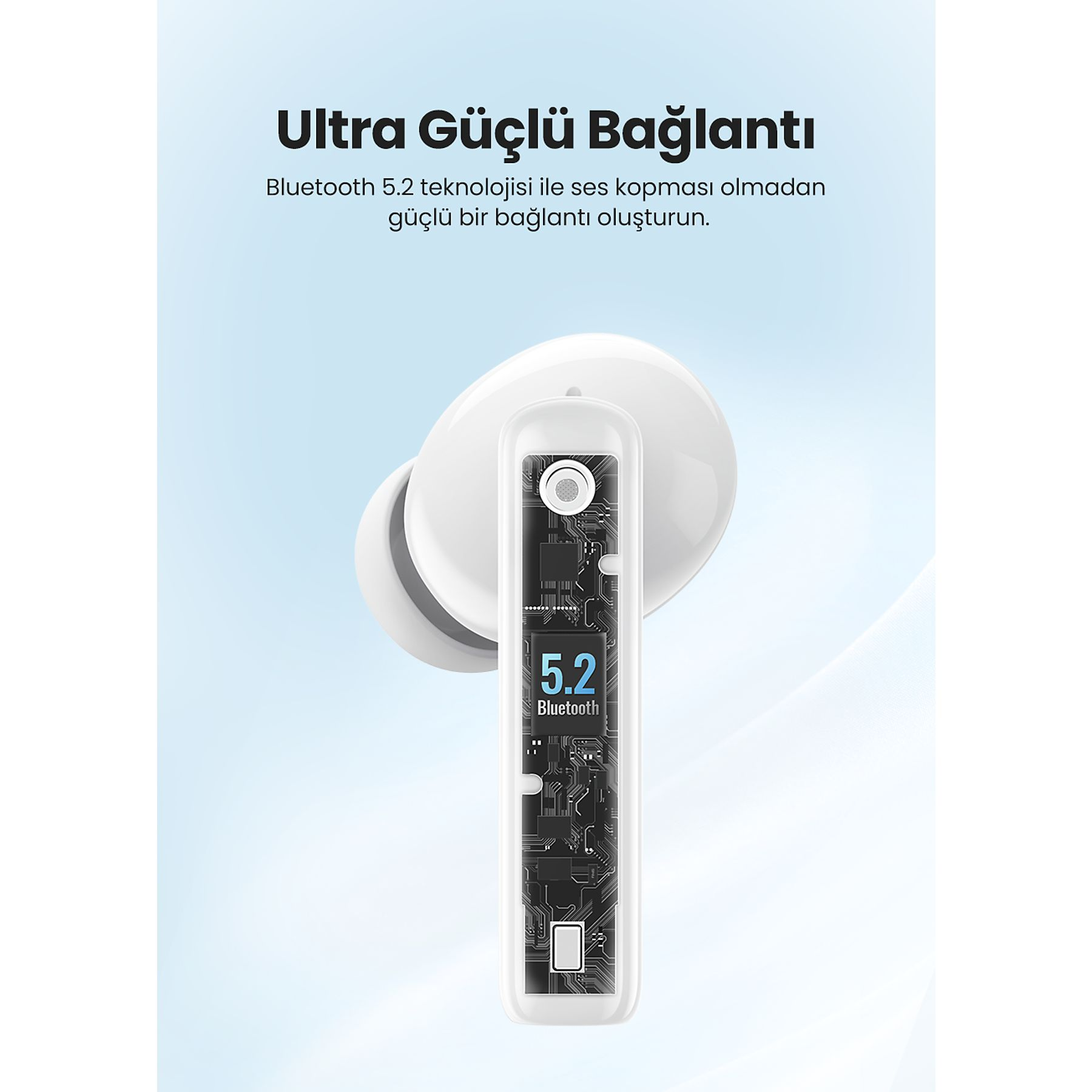 Biały bezprzewodowy słuchawka z chipem Bluetooth 5.2. Tekst brzmi: „Ultra Mocne Połączenie”.