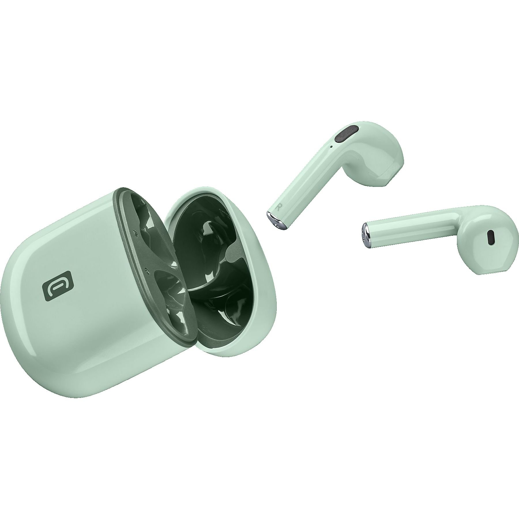Un astuccio per auricolari verde menta, aperto, con due auricolari. Un auricolare è staccato. Sfondo bianco.
