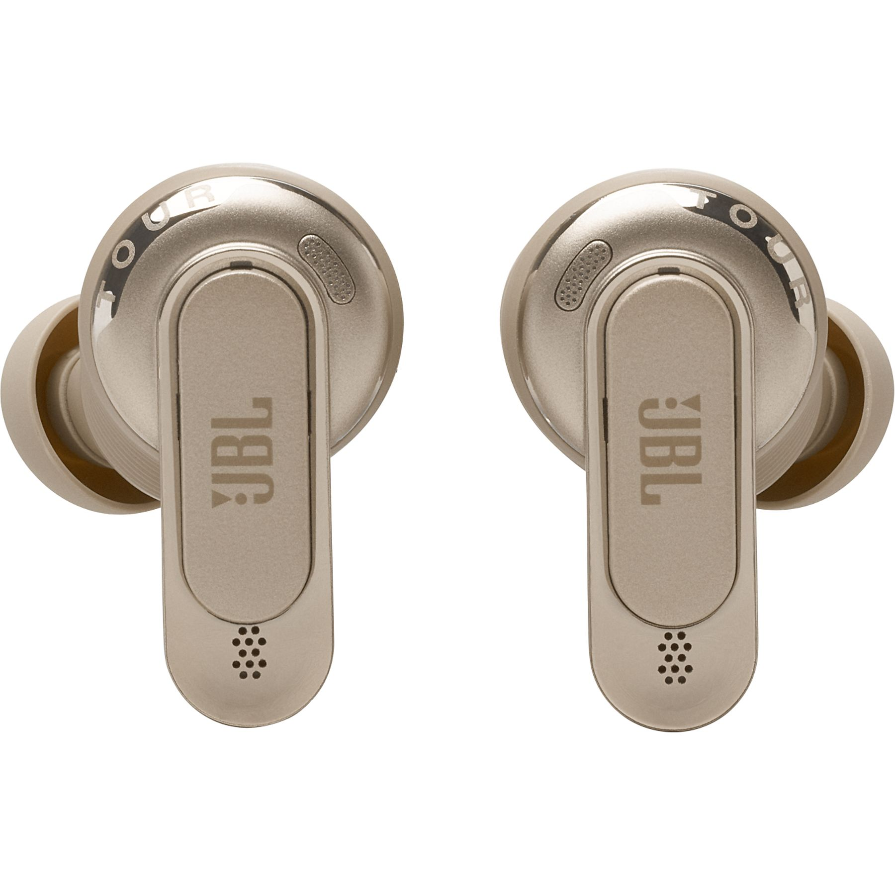 Due auricolari wireless JBL beige, il nome 'JBL' è visibile. Ogni auricolare ha un microfono e un pulsante.