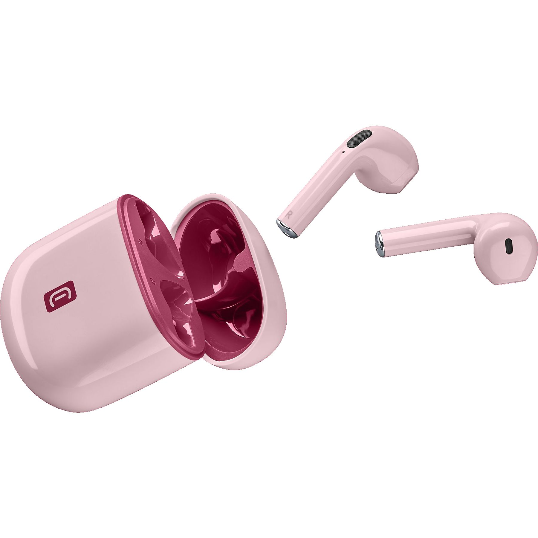 Auricolari wireless rosa e custodia di ricarica su bianco. Custodia aperta. Due auricolari separati.