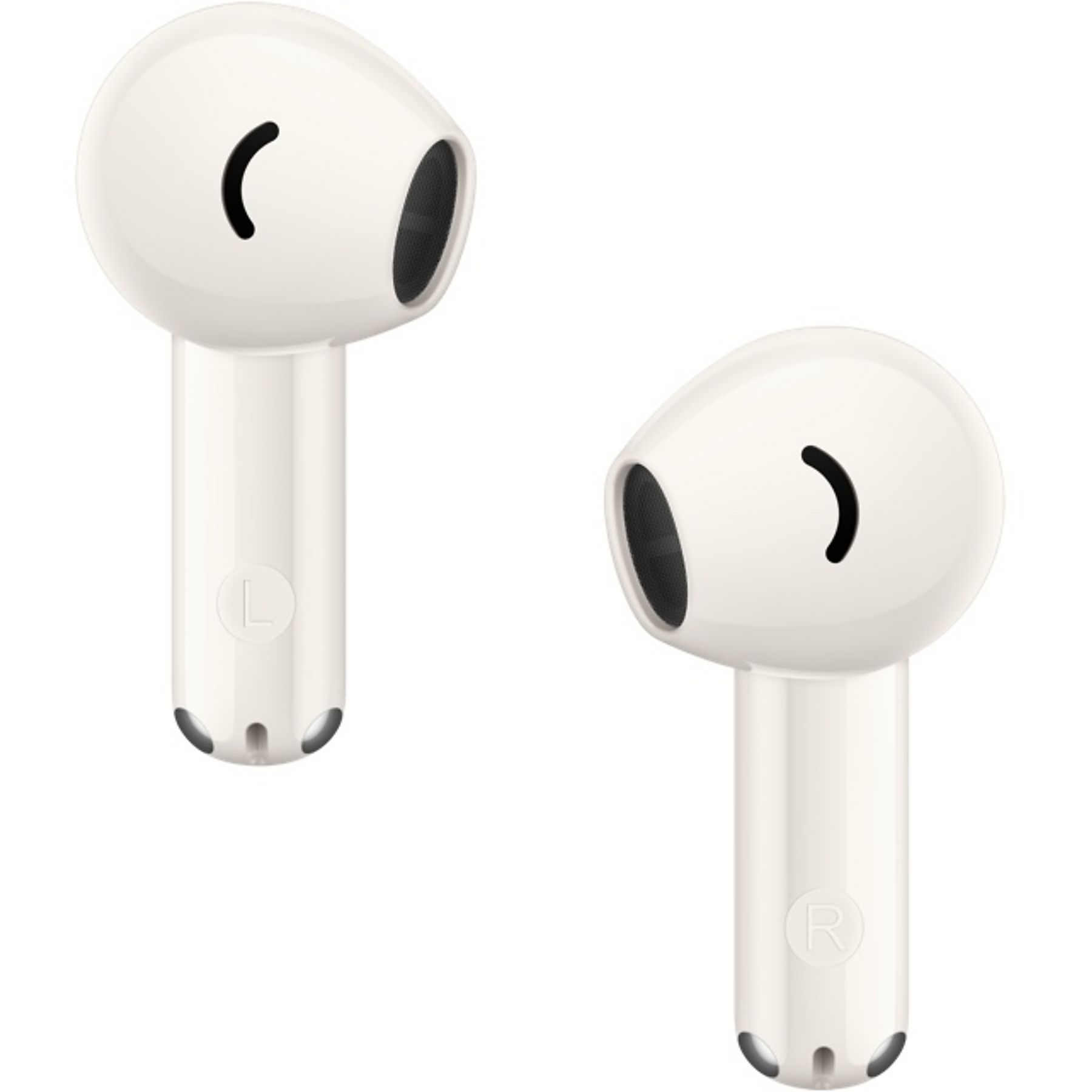 Dos auriculares inalámbricos blancos con rejillas de altavoz negras y acentos negros curvos, sobre un fondo blanco.