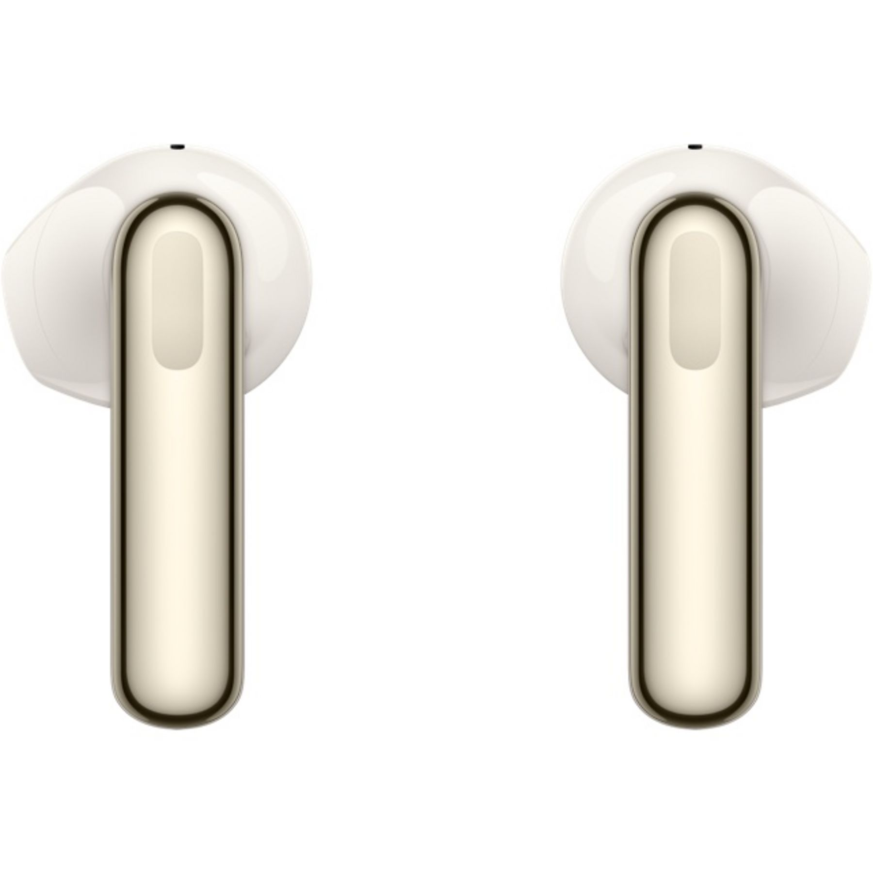 Dos auriculares inalámbricos, color marfil y dorado, sobre un fondo blanco.