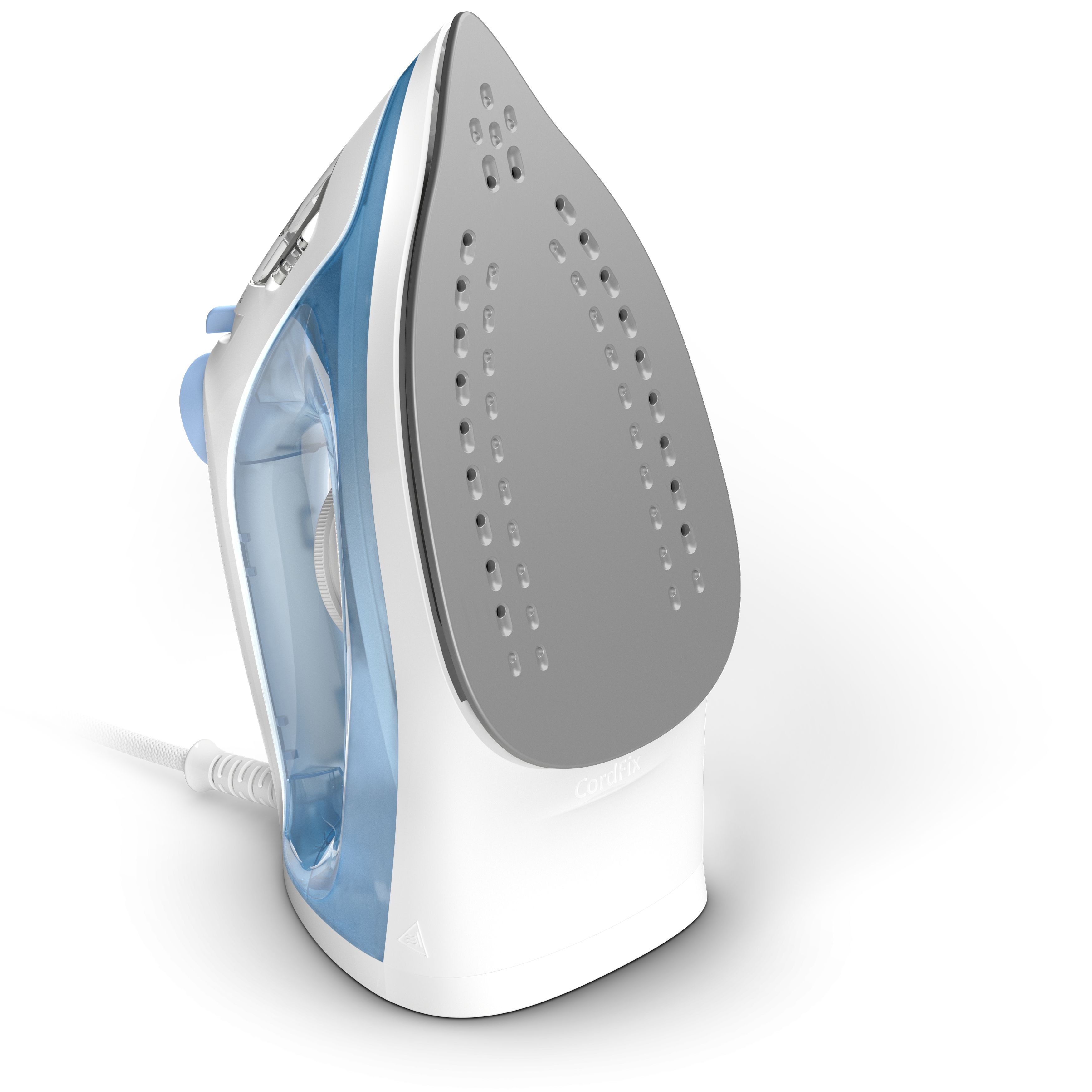 A white and blue iron with a gray soleplate. It has a power cord and sits on a white surface.