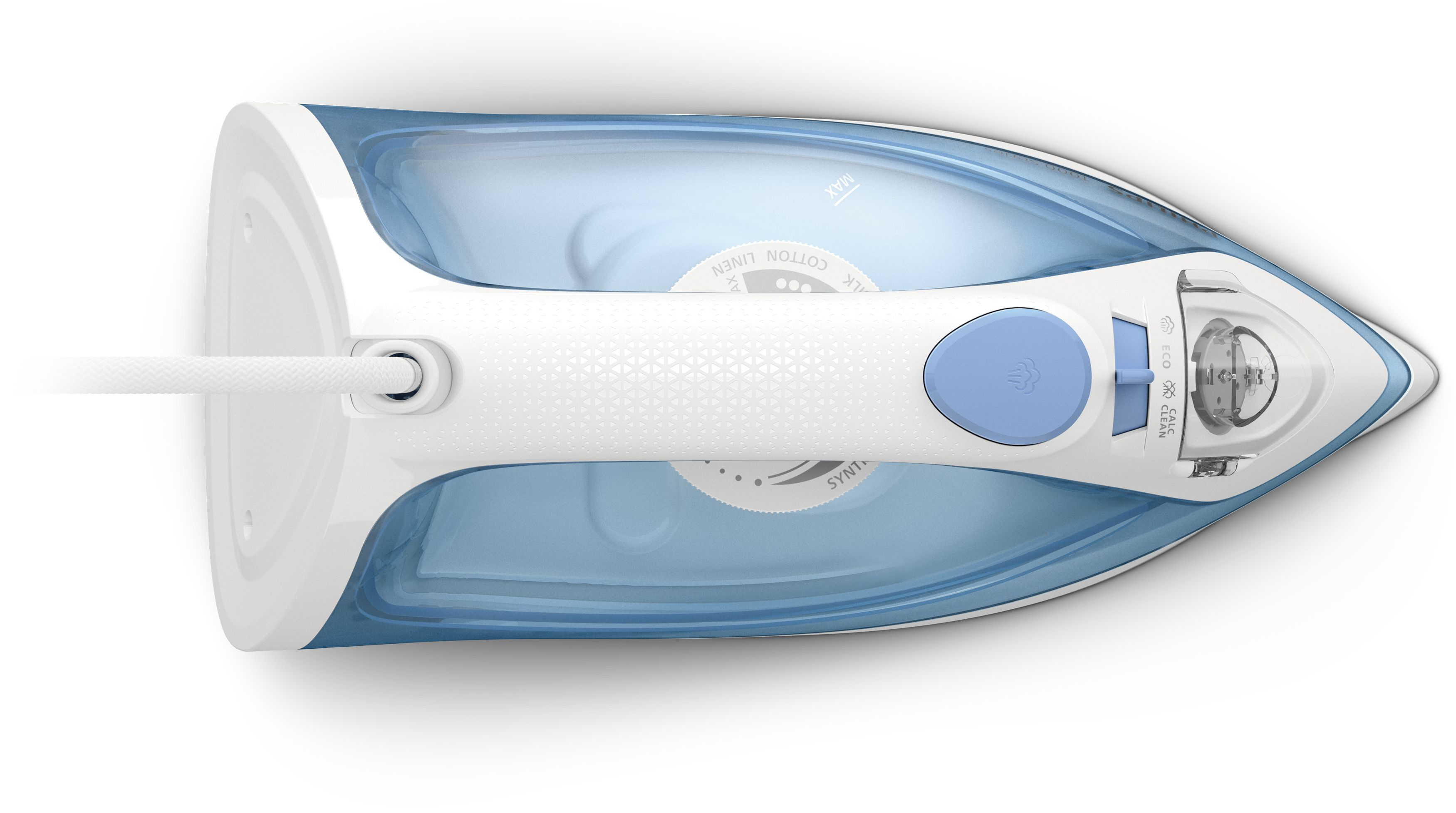 Top view of a white and blue iron. The iron has a white handle and a blue water tank. The cord is white.