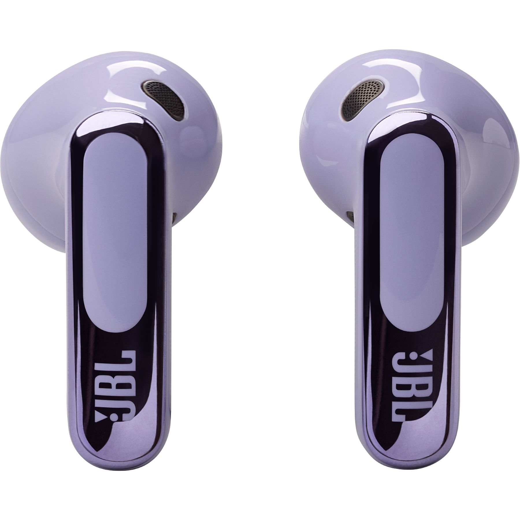 Zwei lavendelfarbene JBL-Ohrhörer. Jeder hat einen metallischen Schaft mit dem JBL-Logo. Sie sind auf weißem Hintergrund.