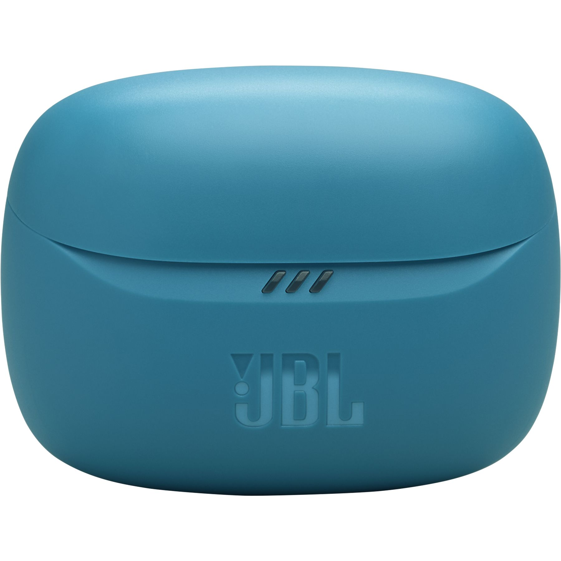 Eine türkisblaue JBL-Kopfhörerhülle. Sie hat das Markenlogo unten und drei kleine Löcher oben.