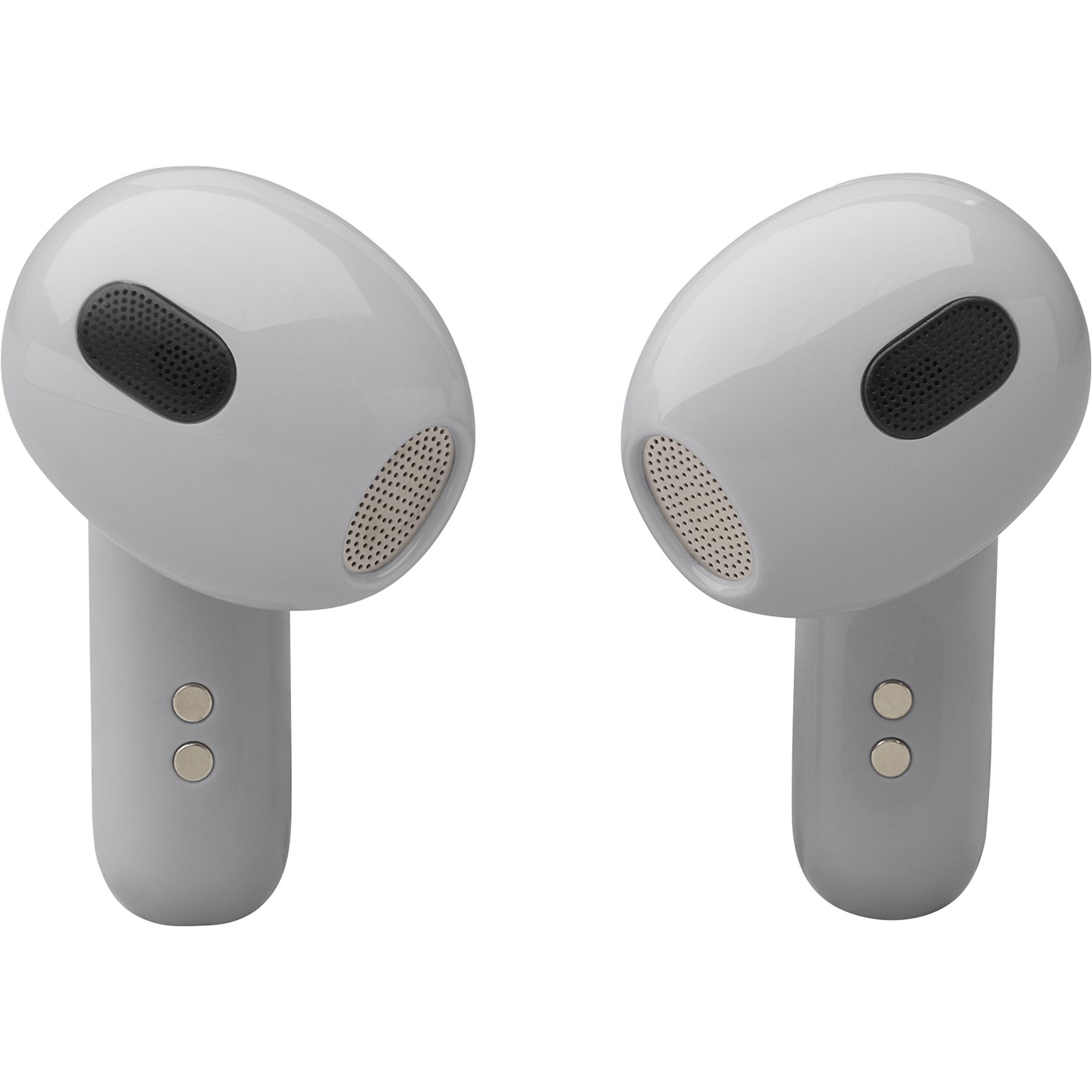 Due auricolari wireless grigi con fori per altoparlanti neri e bianchi. Sono appoggiati su uno sfondo bianco.