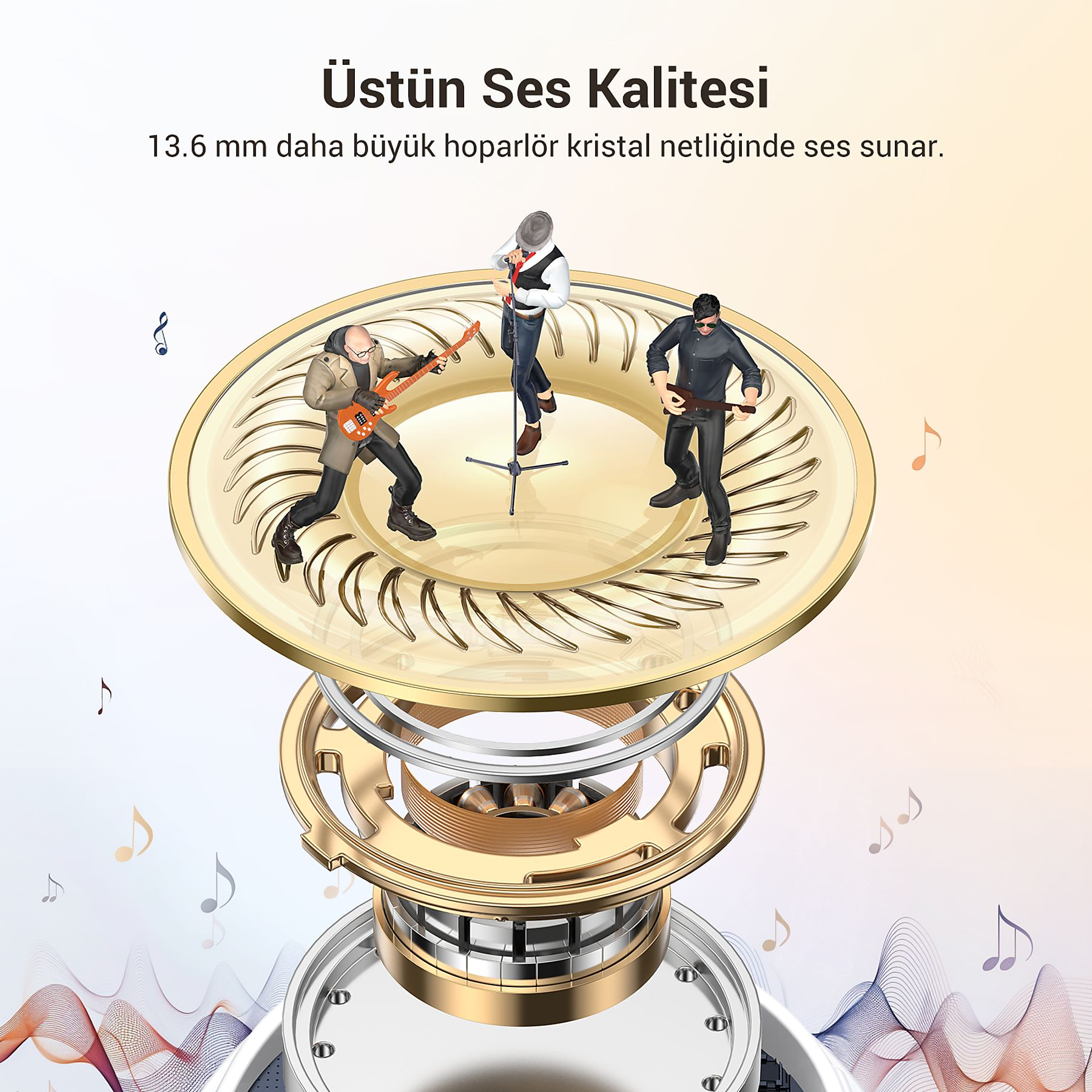 Ohrhörer-Design mit drei Musikern, die Instrumente spielen. Noten und Schallwellen verzieren den Hintergrund.