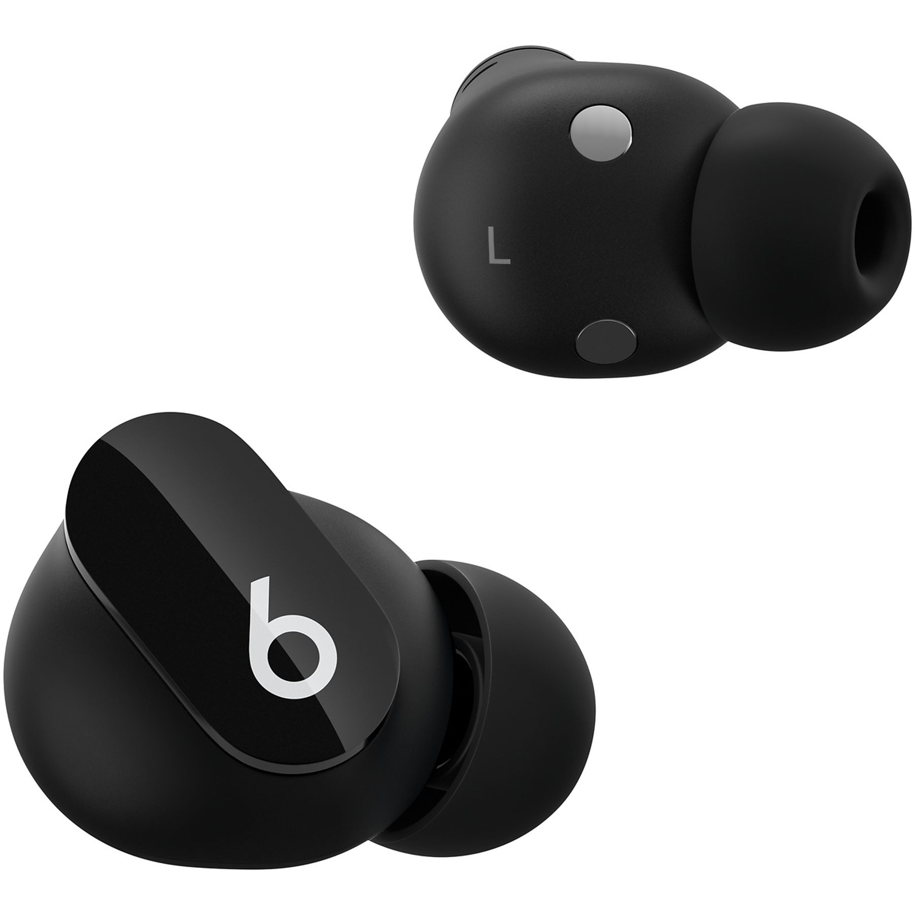 Due auricolari Beats neri. Uno mostra la lettera 'L', l'altro il logo 'b'. Entrambi hanno accenti argentati e sono su sfondo bianco.