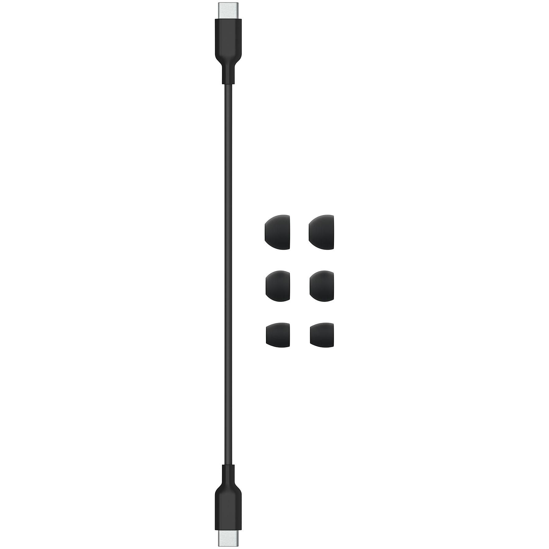 Un cavo USB-C nero con due connettori e sei auricolari neri su sfondo bianco.