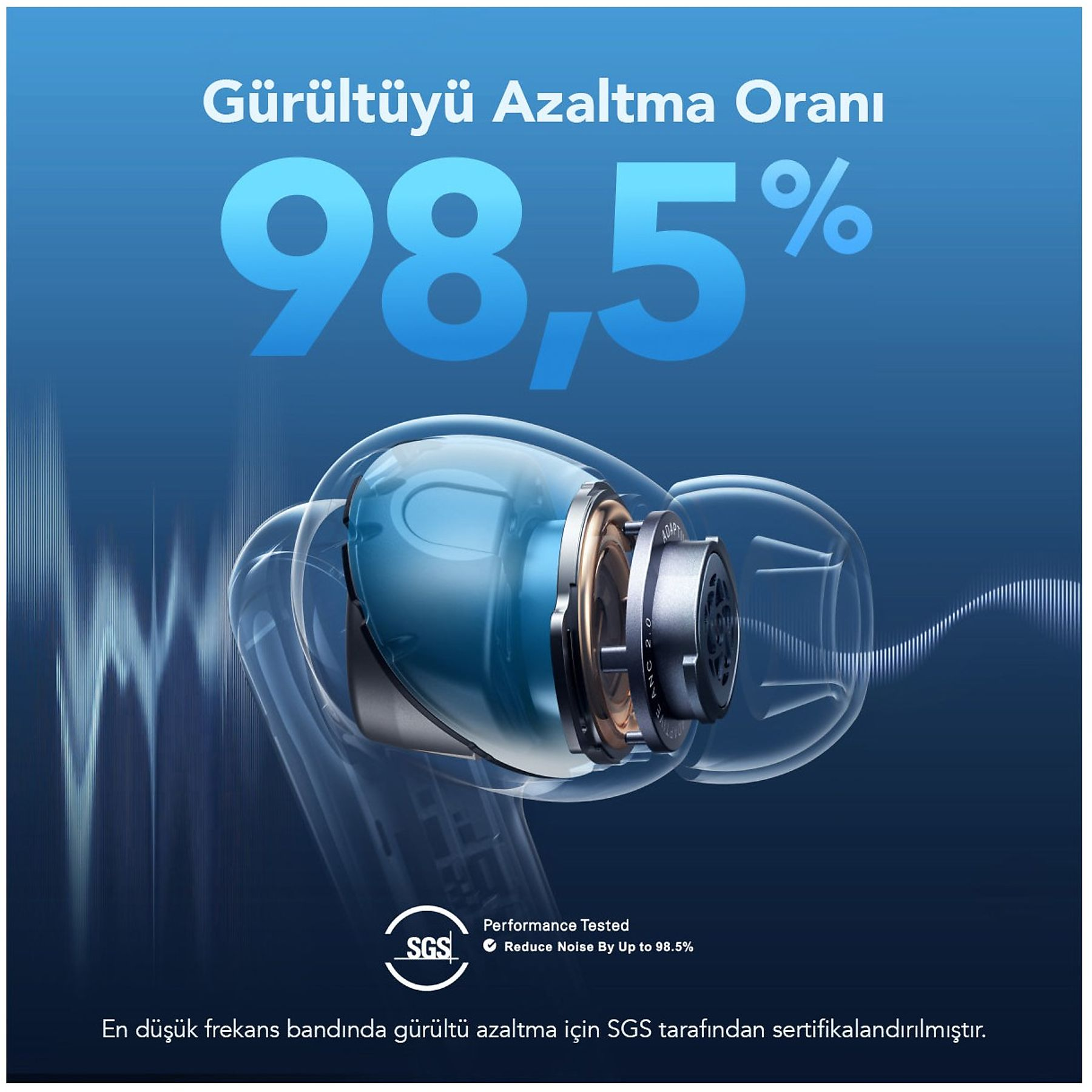 Ilustracja słuchawki z deklaracją redukcji szumów o 98,5%. Tekst w języku tureckim i angielskim, z logo SGS.