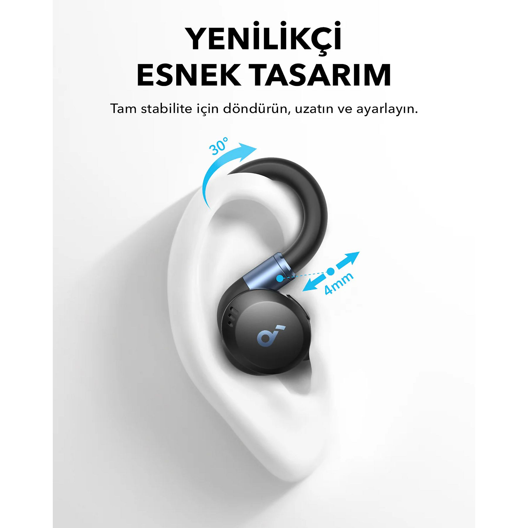 Czarny i niebieski wkładka douszna w uchu, z tekstem i strzałkami. Pokazuje regulację 30 stopni i 4 mm. Tekst po turecku.