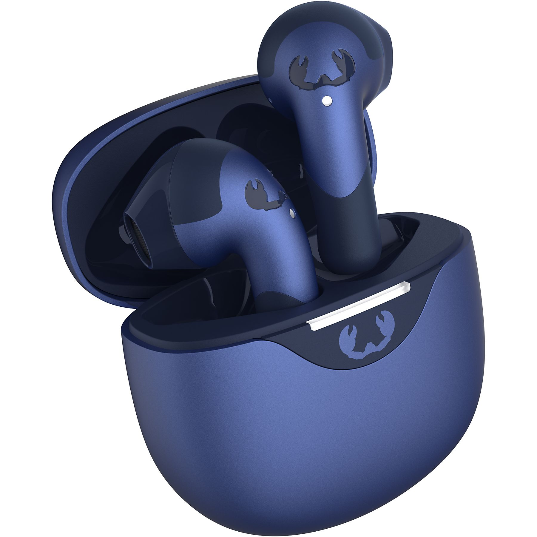 Blaue kabellose Ohrhörer in einem Ladeetui. Das Etui ist geöffnet und zeigt die Ohrhörer mit einem Logo.