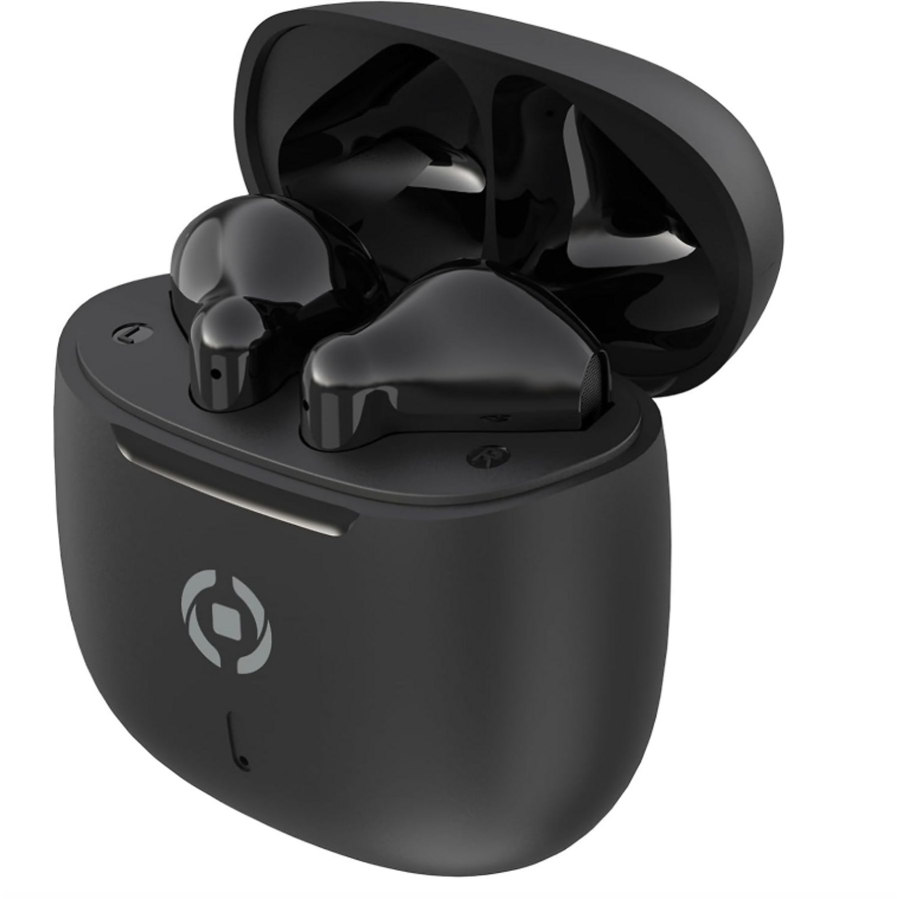 Auricolari wireless neri con custodia aperta. Due auricolari all'interno, coperchio aperto. La custodia ha un logo.