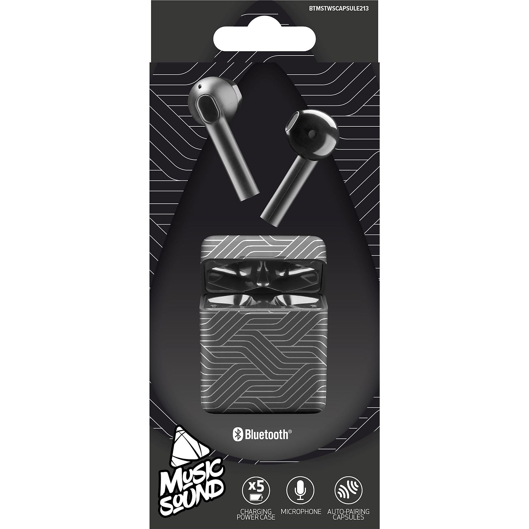 Ohrhörer und Ladecase. Schwarz-graues Design. Mit Bluetooth, Mikrofon und automatischem Pairing. Music Sound Logo vorhanden.
