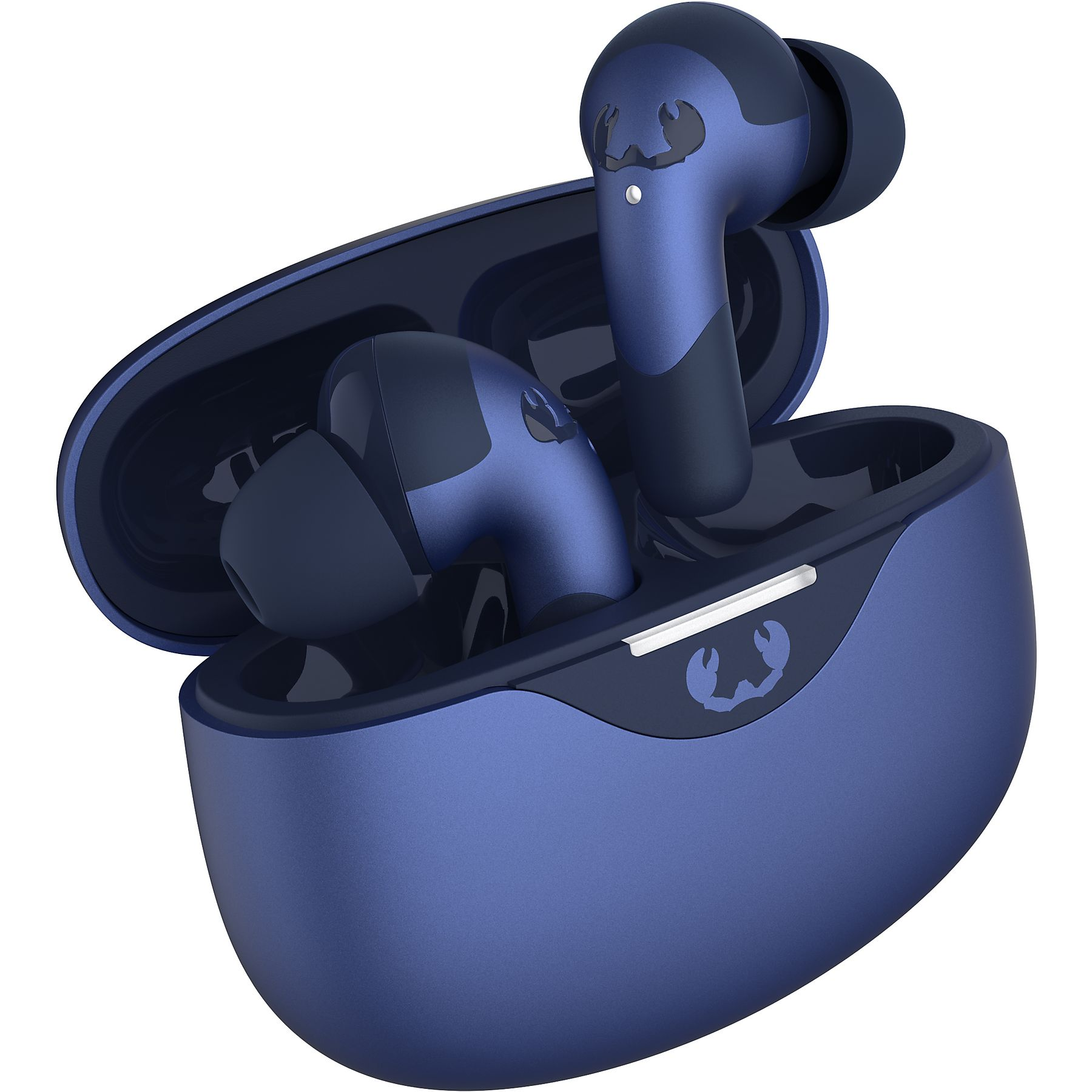 Blaue kabellose Ohrhörer in einem Ladeetui. Das Etui ist offen und zeigt die Ohrhörer. Krabbenlogo auf dem Etui.