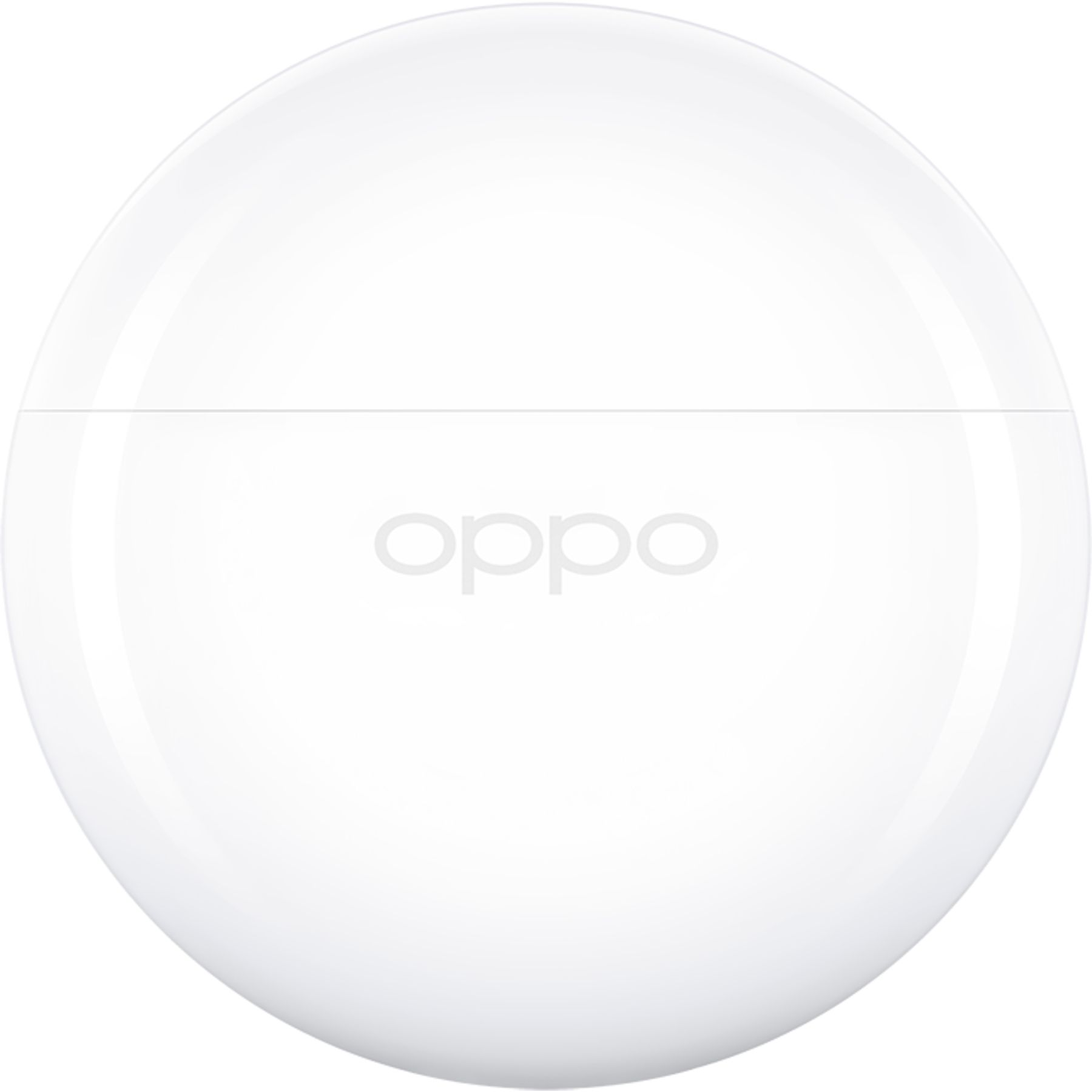Un astuccio bianco e rotondo per auricolari Oppo. Il logo Oppo è centrato. La custodia ha una superficie lucida e riflettente.