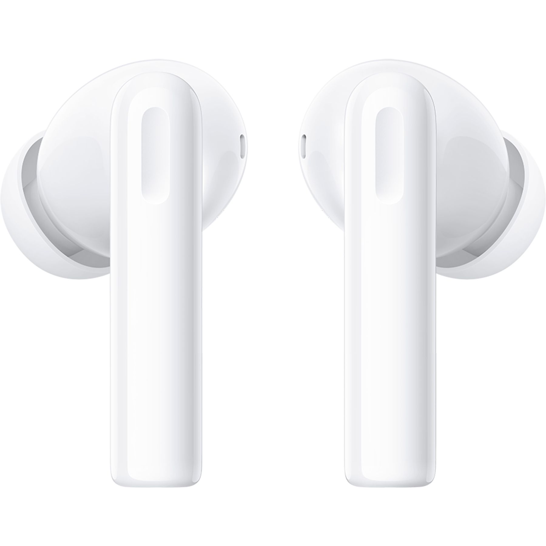 Due auricolari bianchi su sfondo bianco. Ognuno ha un bocciolo arrotondato e uno stelo rettangolare.