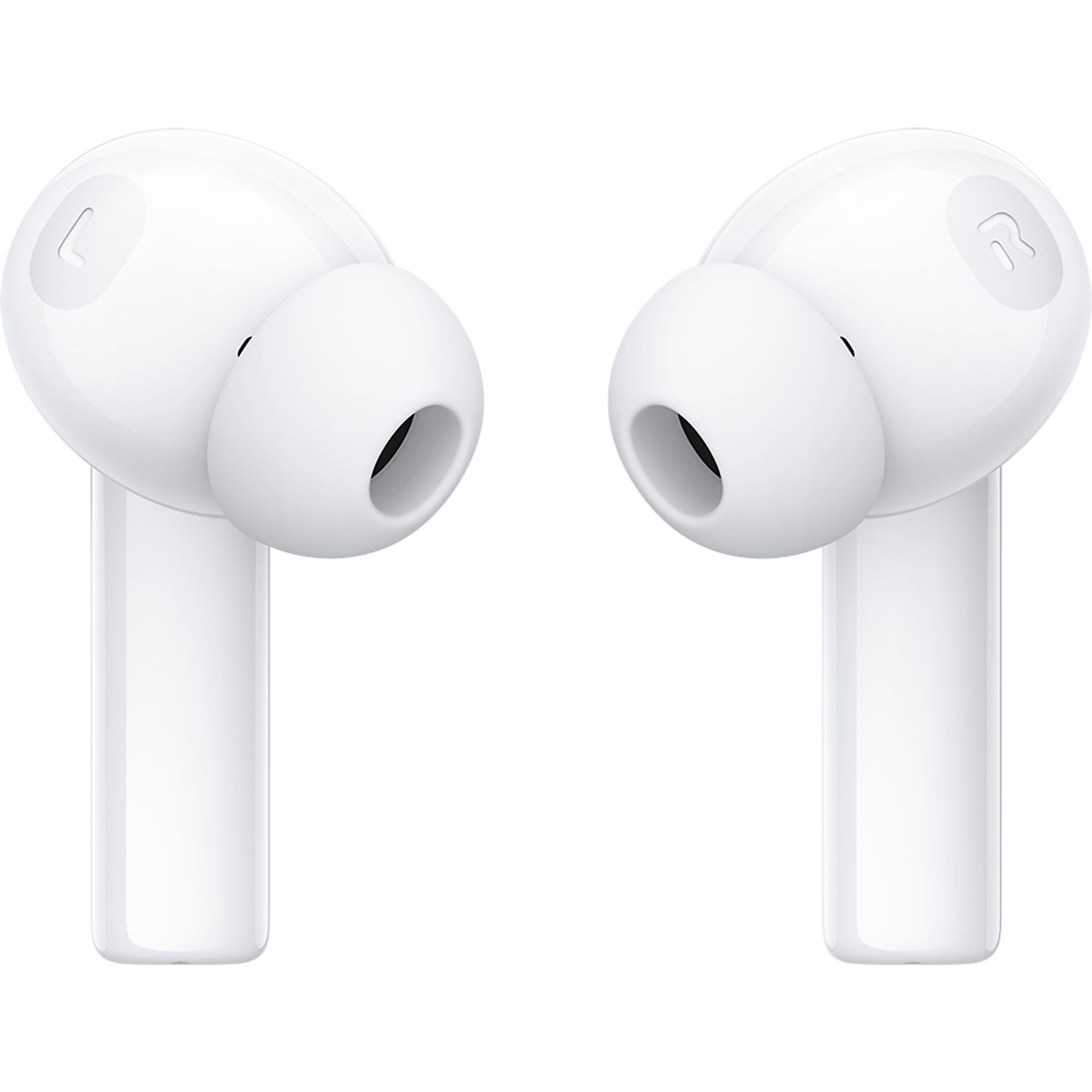 Due auricolari wireless bianche con interno nero. L'auricolare sinistro ha una 'L', il destro una 'R'.
