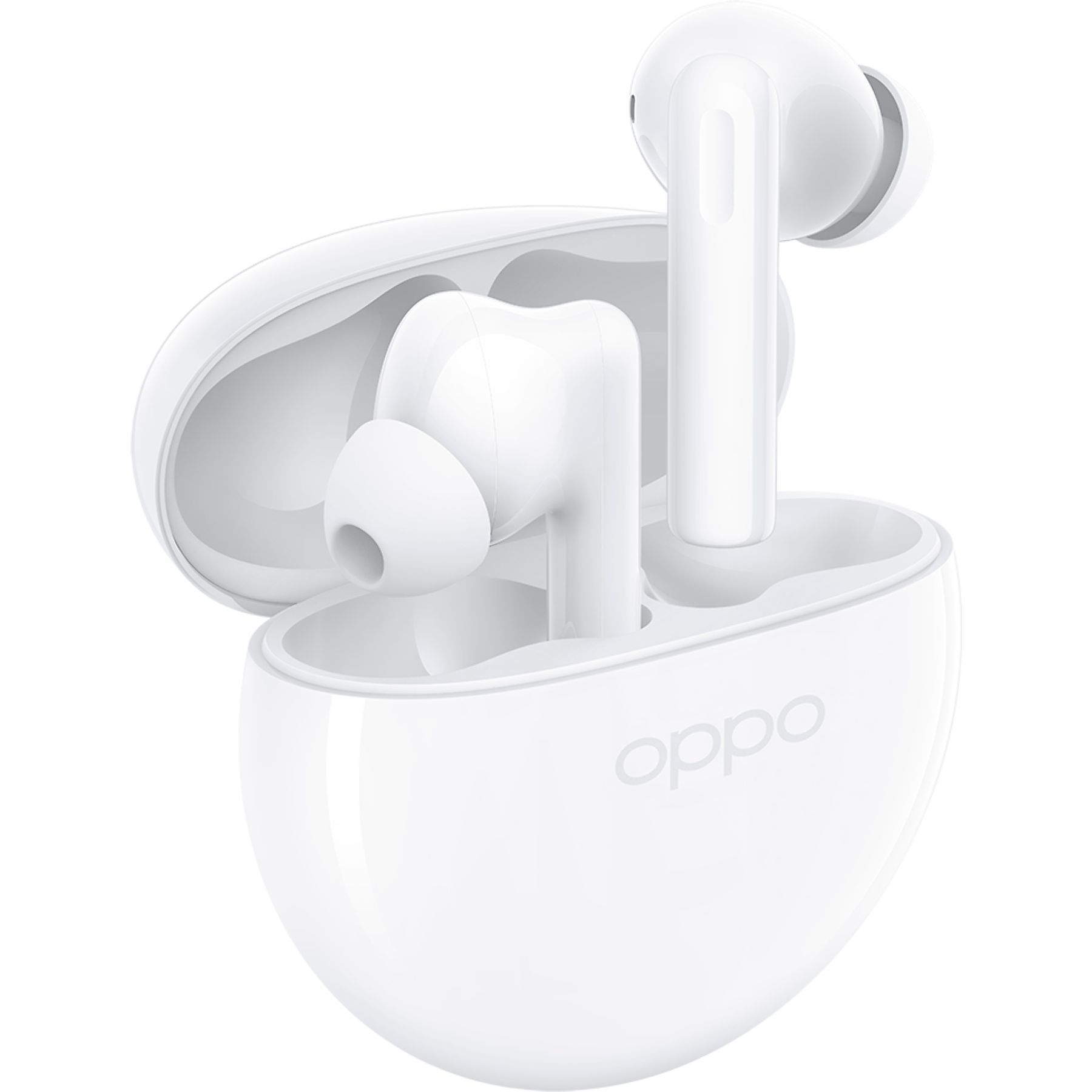 Auricolari Oppo bianchi in una custodia di ricarica. Un auricolare è fuori dalla custodia. Logo Oppo visibile.