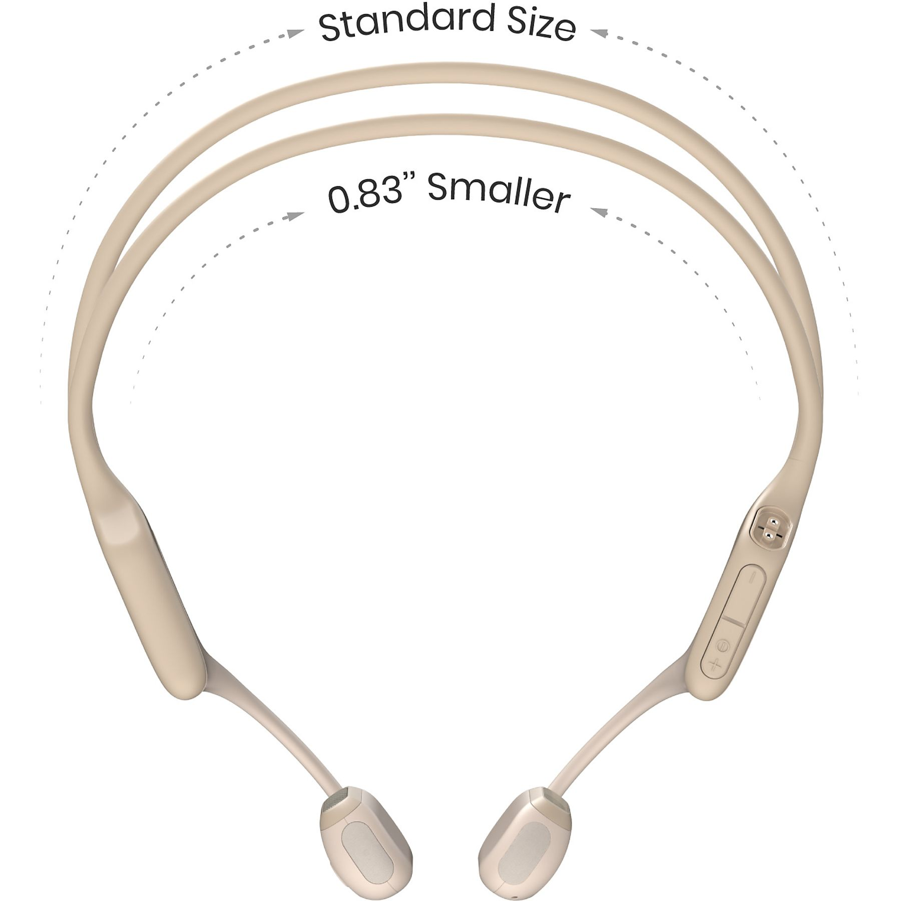 Cuffie a conduzione ossea beige. Il testo indica dimensioni standard e più piccole. Comandi sul lato destro. Su sfondo bianco.